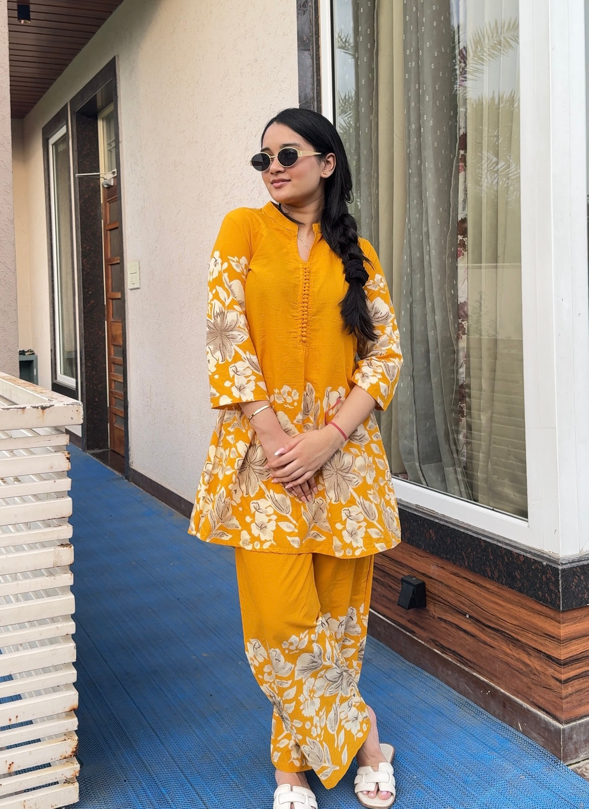 Yellow Floral Mehak Co-ord Set with Stylish Kurti Pants