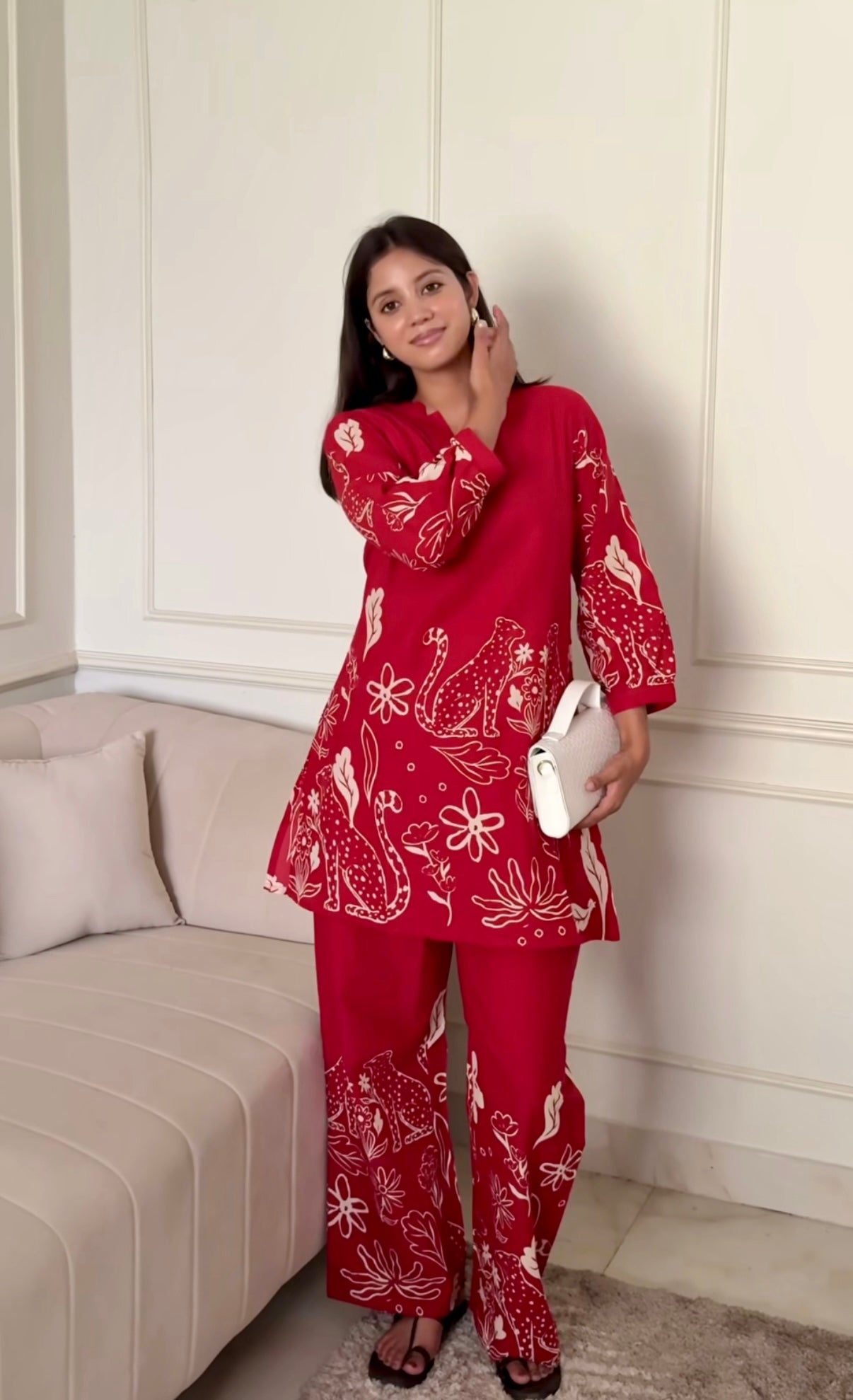 Red Gati Co-ord Set with Peacock and Floral Motifs