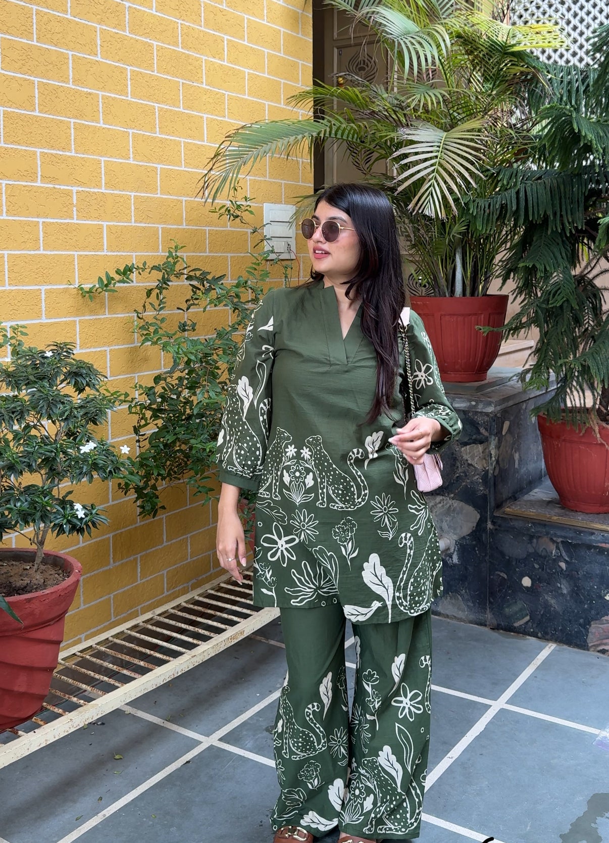 Green Gati Co-ord Set with Peacock and Floral Motifs