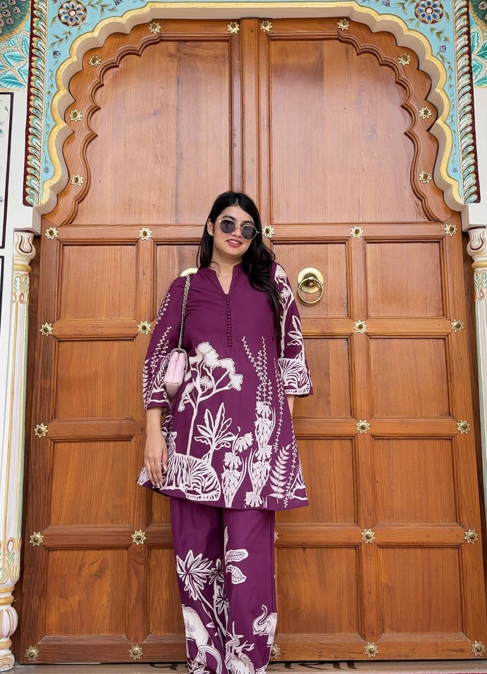 Purple Bagh Co-ord Set with Animal and Floral Prints