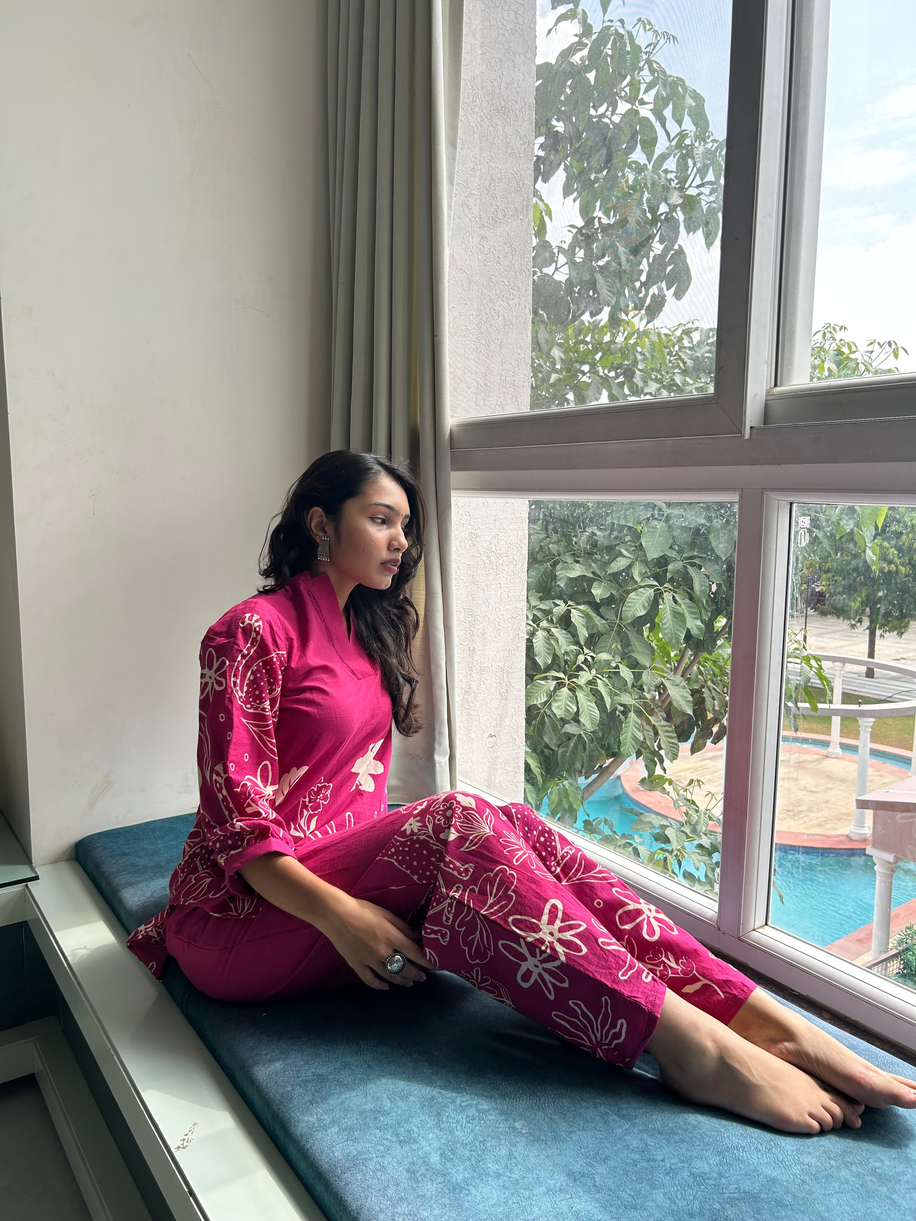 Pink Gati Co-ord Set with Peacock and Floral Motifs