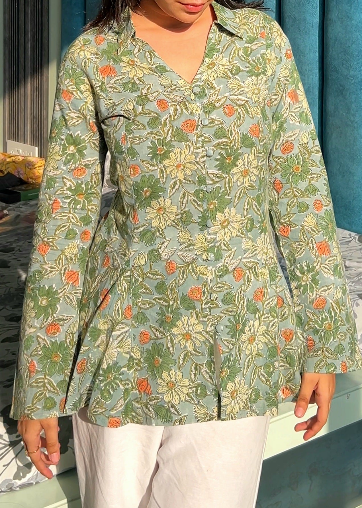 Green Pleated Boxy Kurti with Full Sleeves for Women