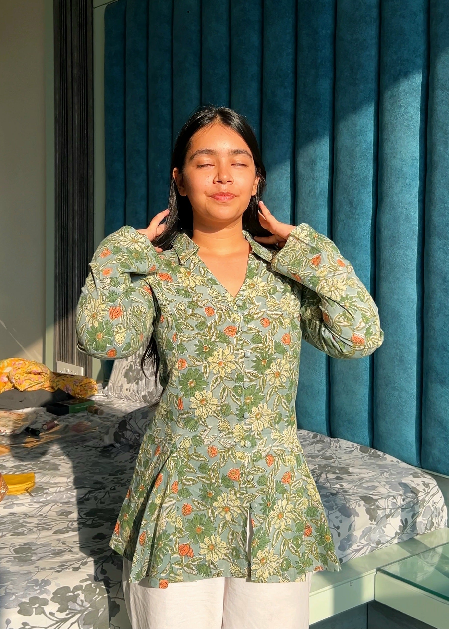 Green Pleated Boxy Kurti with Full Sleeves for Women