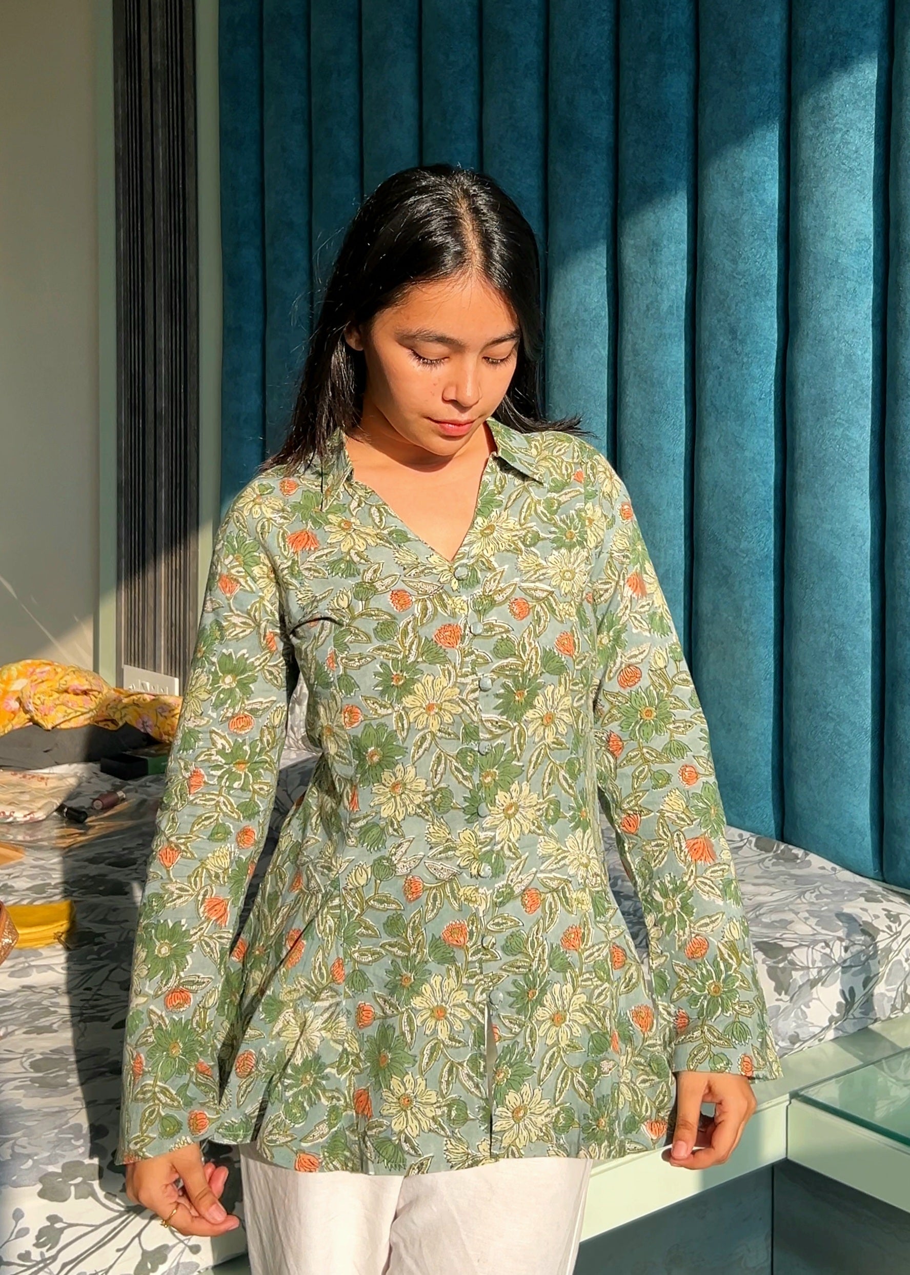 Green Pleated Boxy Kurti with Full Sleeves for Women