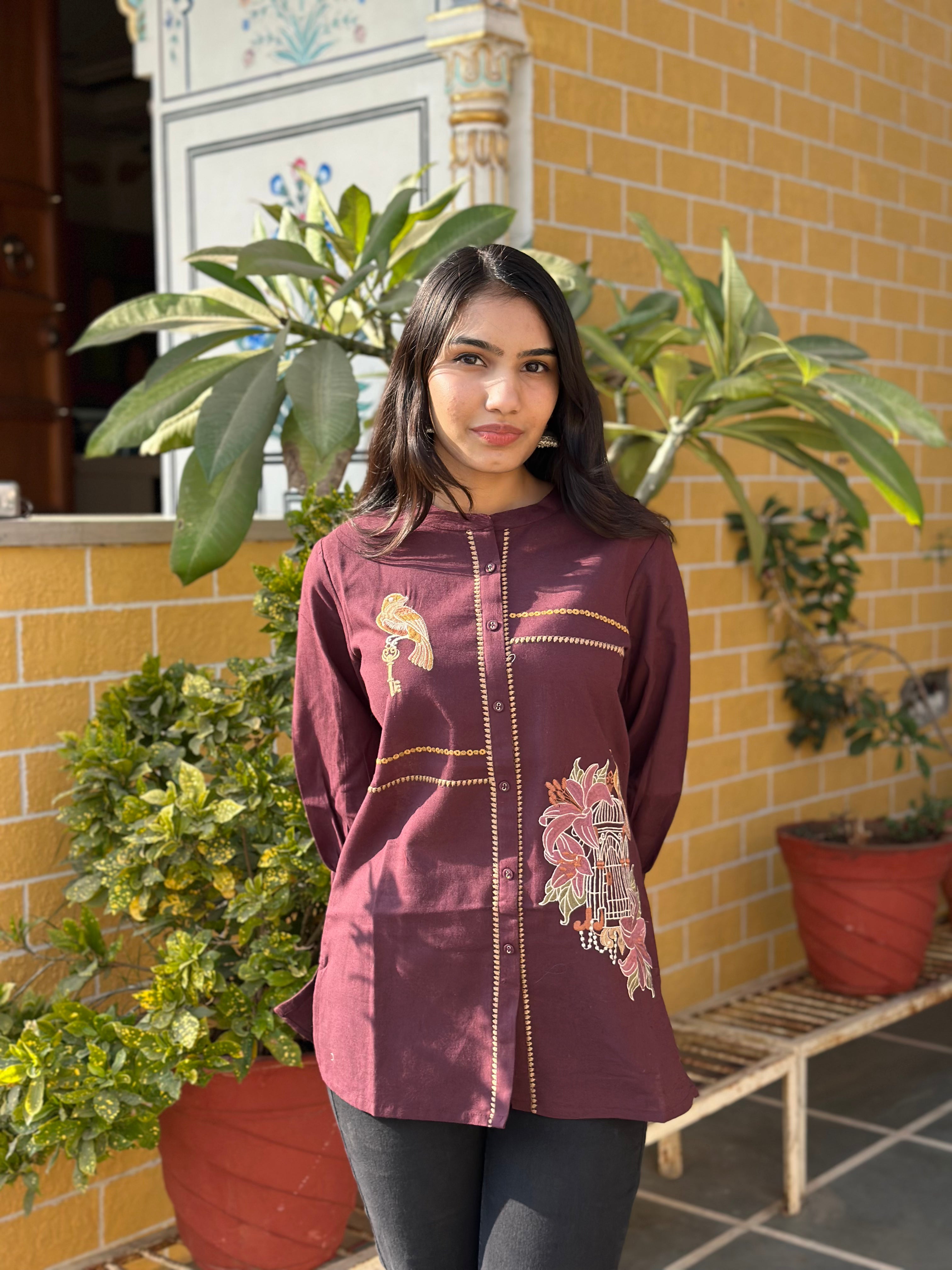 Wine Cotton Flex Kurti With Bird Embroidery