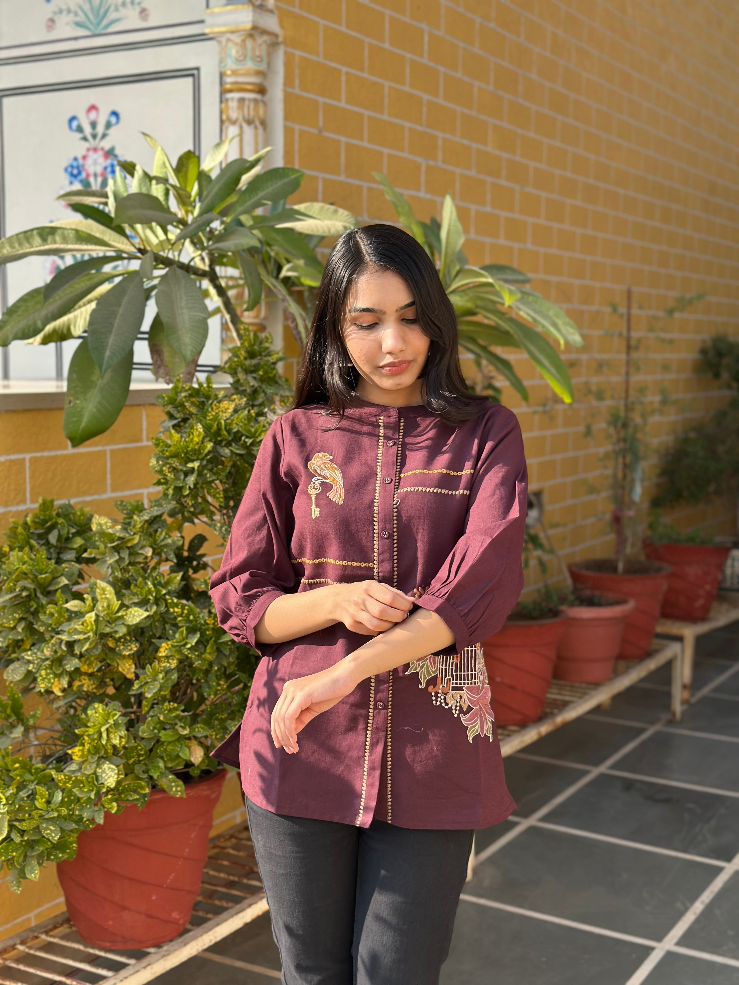 Wine Cotton Flex Kurti With Bird Embroidery