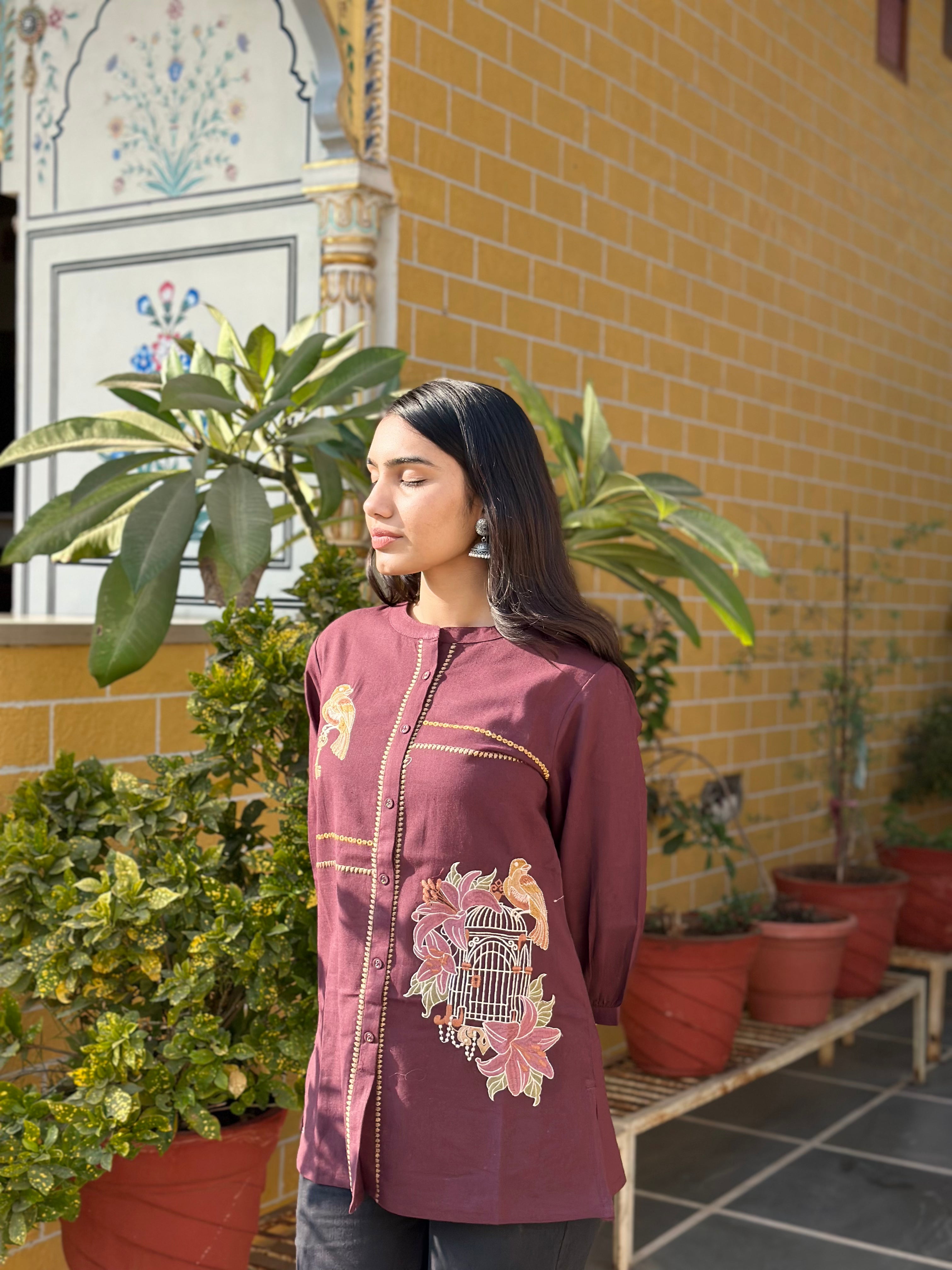 Wine Cotton Flex Kurti With Bird Embroidery