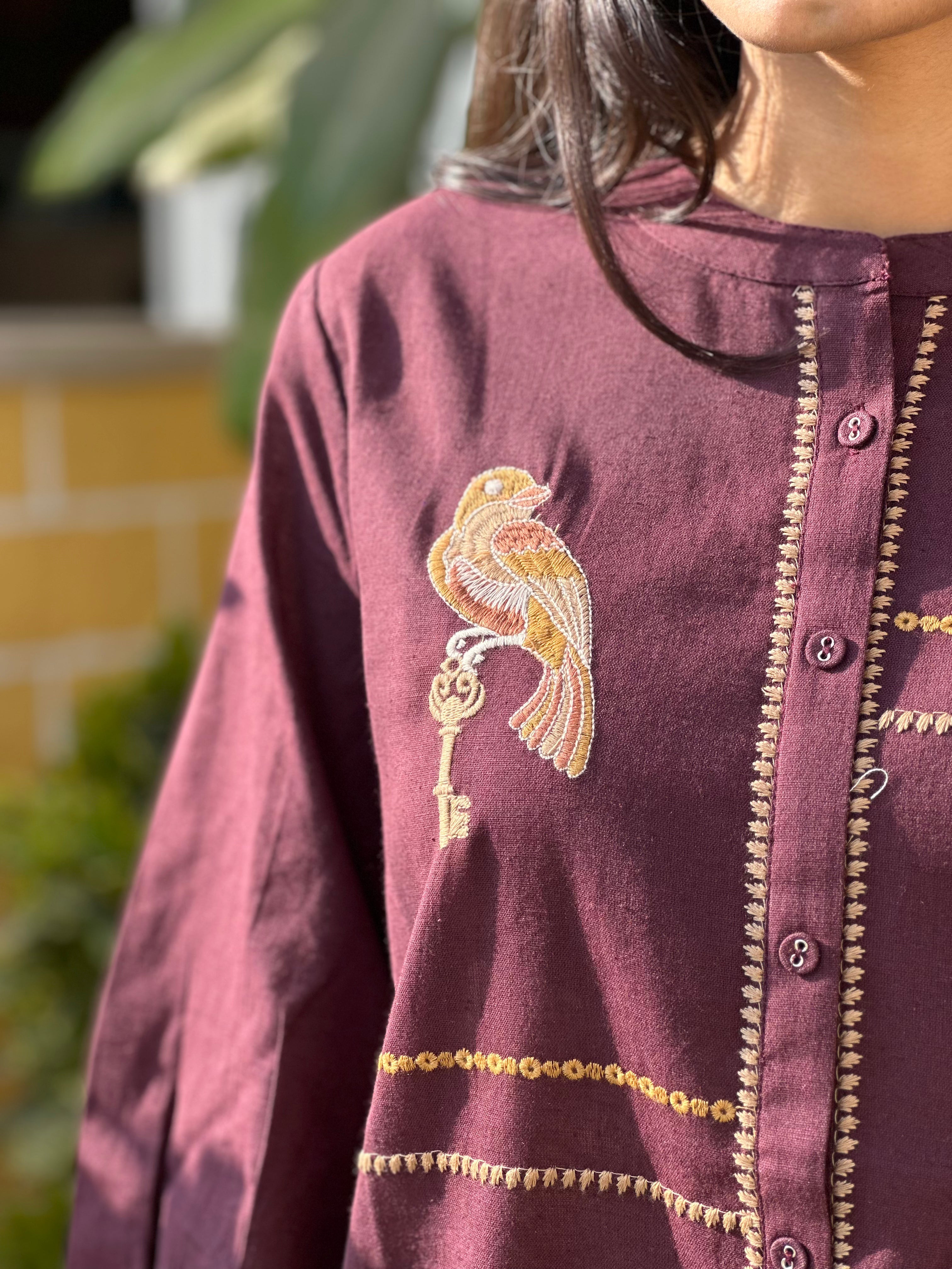 Wine Cotton Flex Kurti With Bird Embroidery