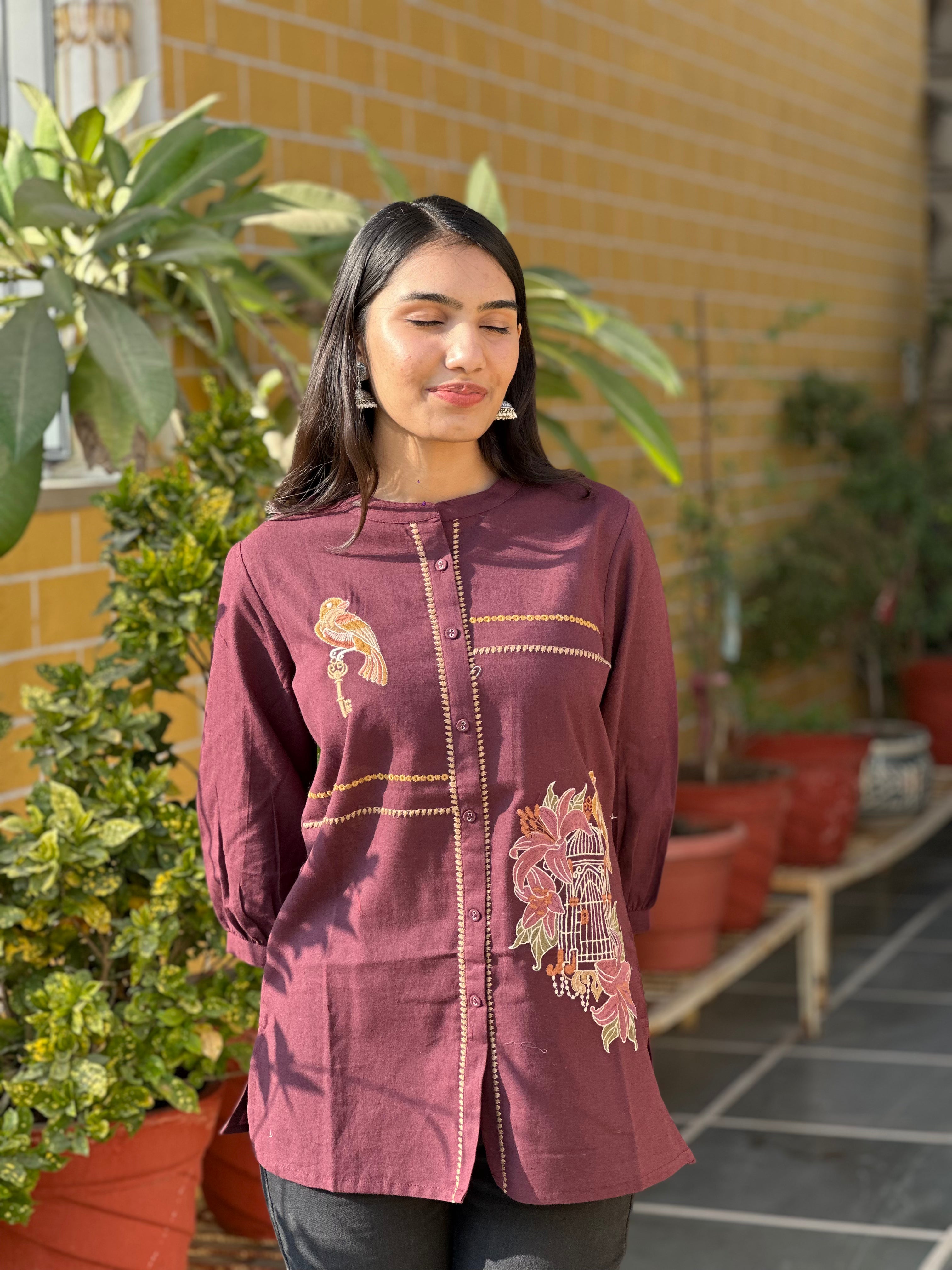 Wine Cotton Flex Kurti With Bird Embroidery