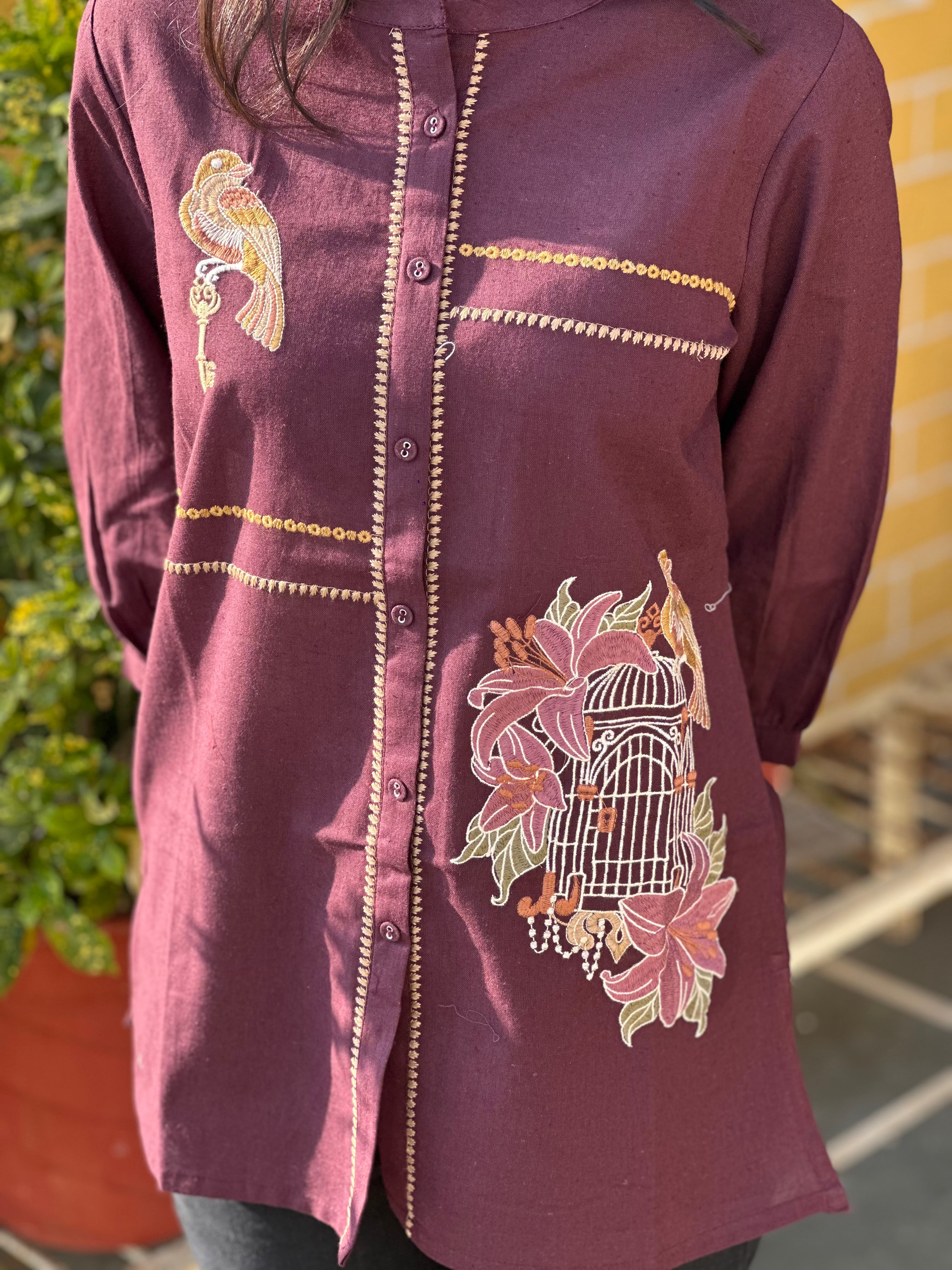 Wine Cotton Flex Kurti With Bird Embroidery