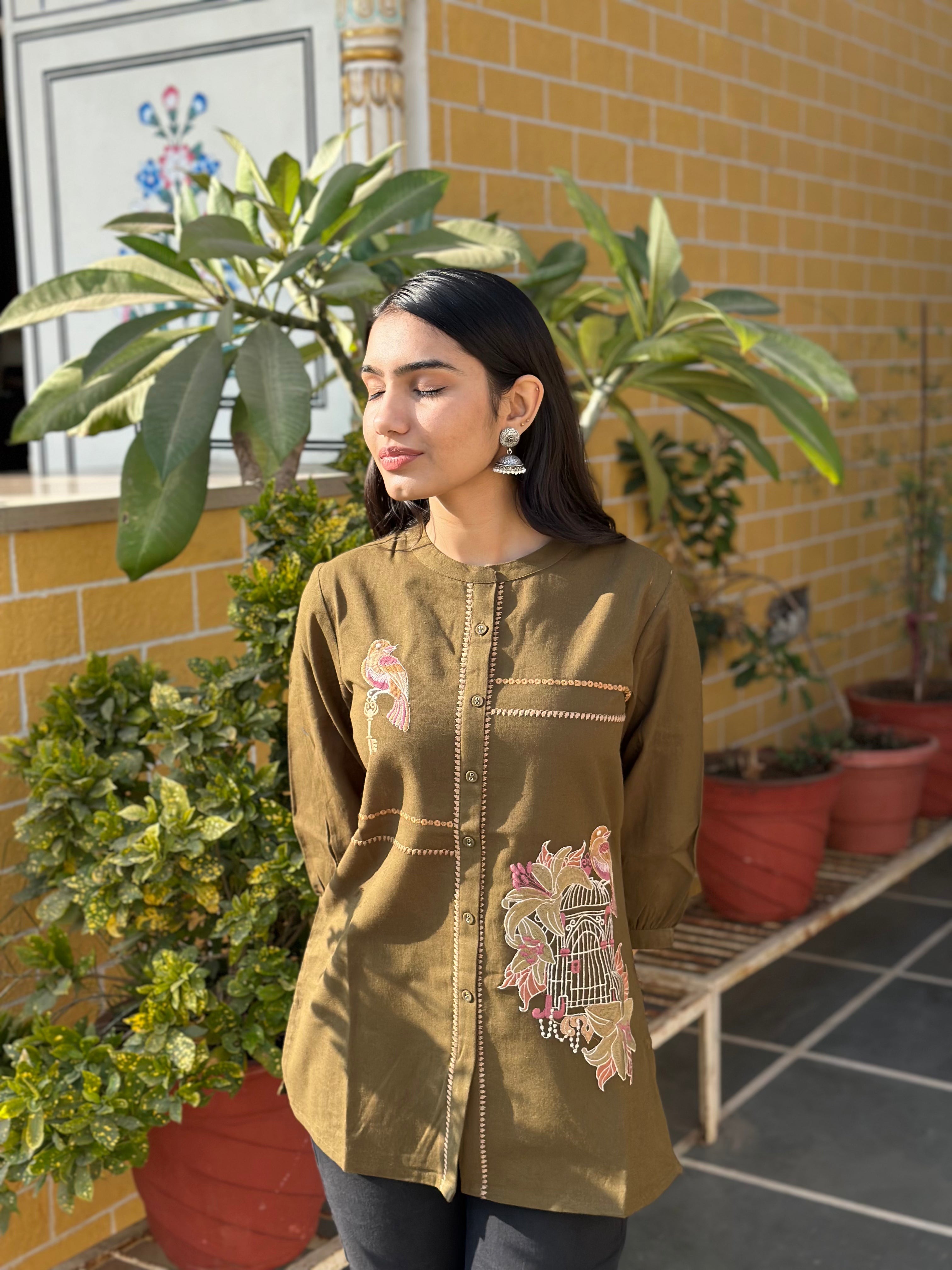 Olive Cotton Flex Kurti With Bird Embroidery