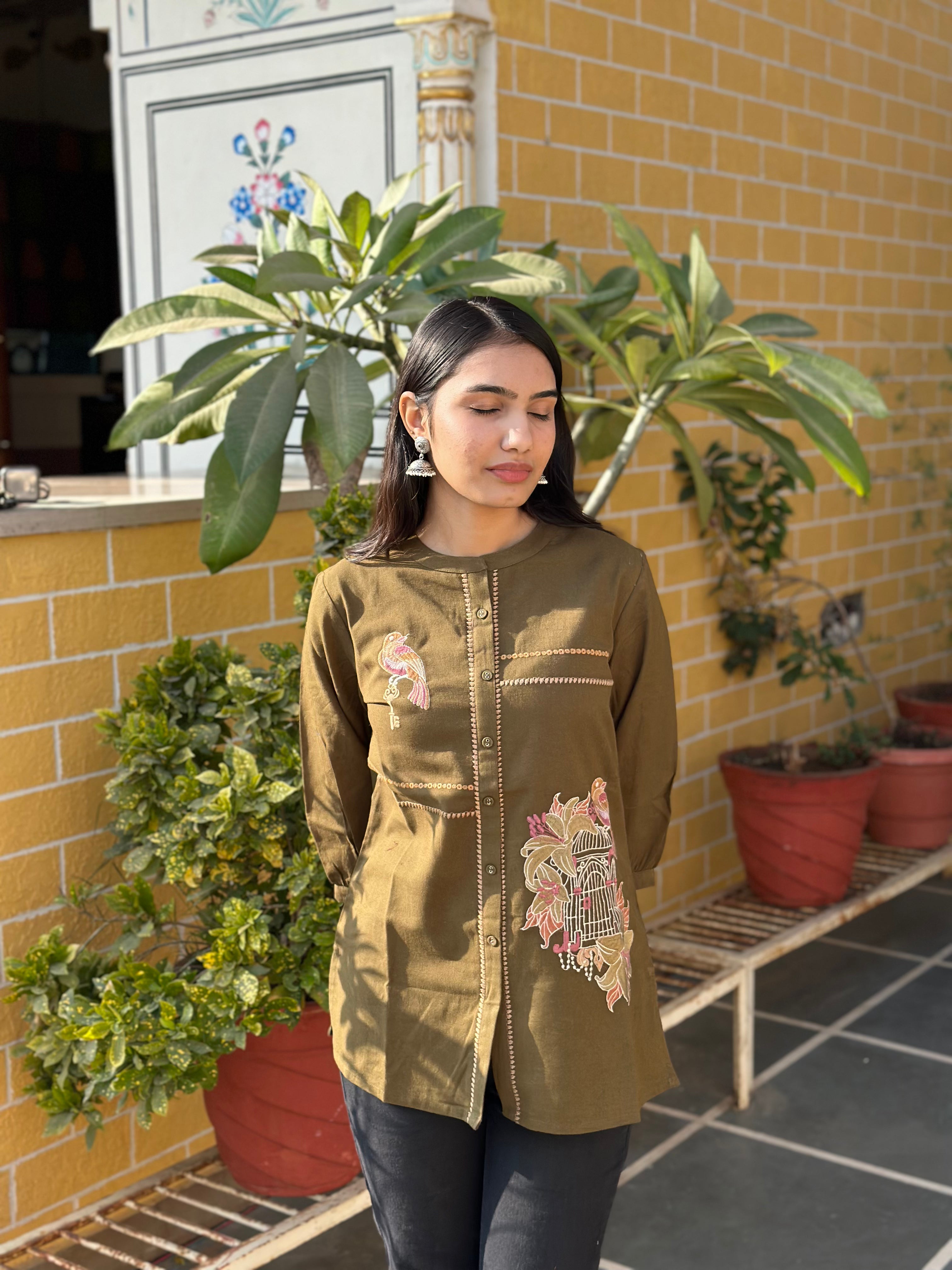 Olive Cotton Flex Kurti With Bird Embroidery