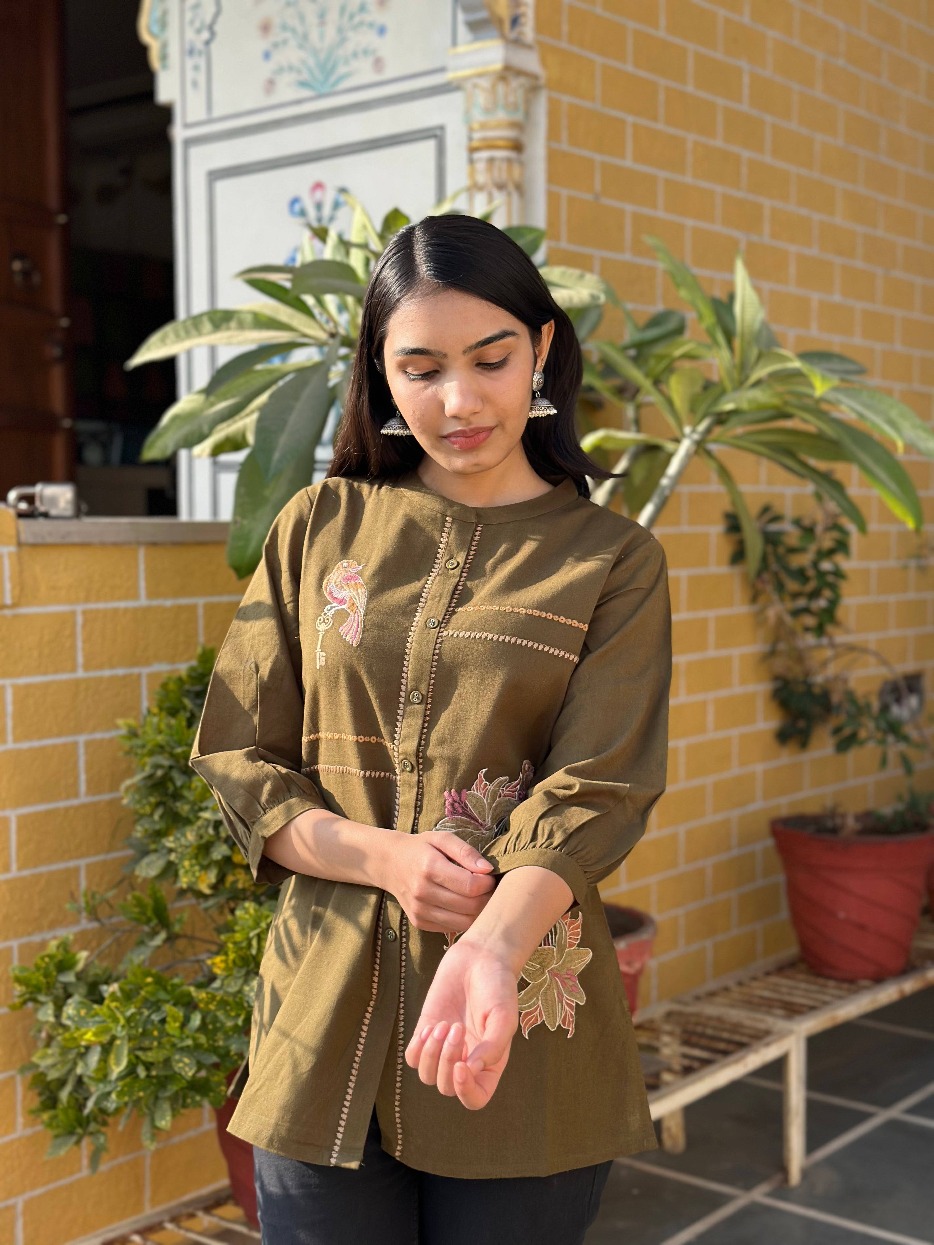Olive Cotton Flex Kurti With Bird Embroidery