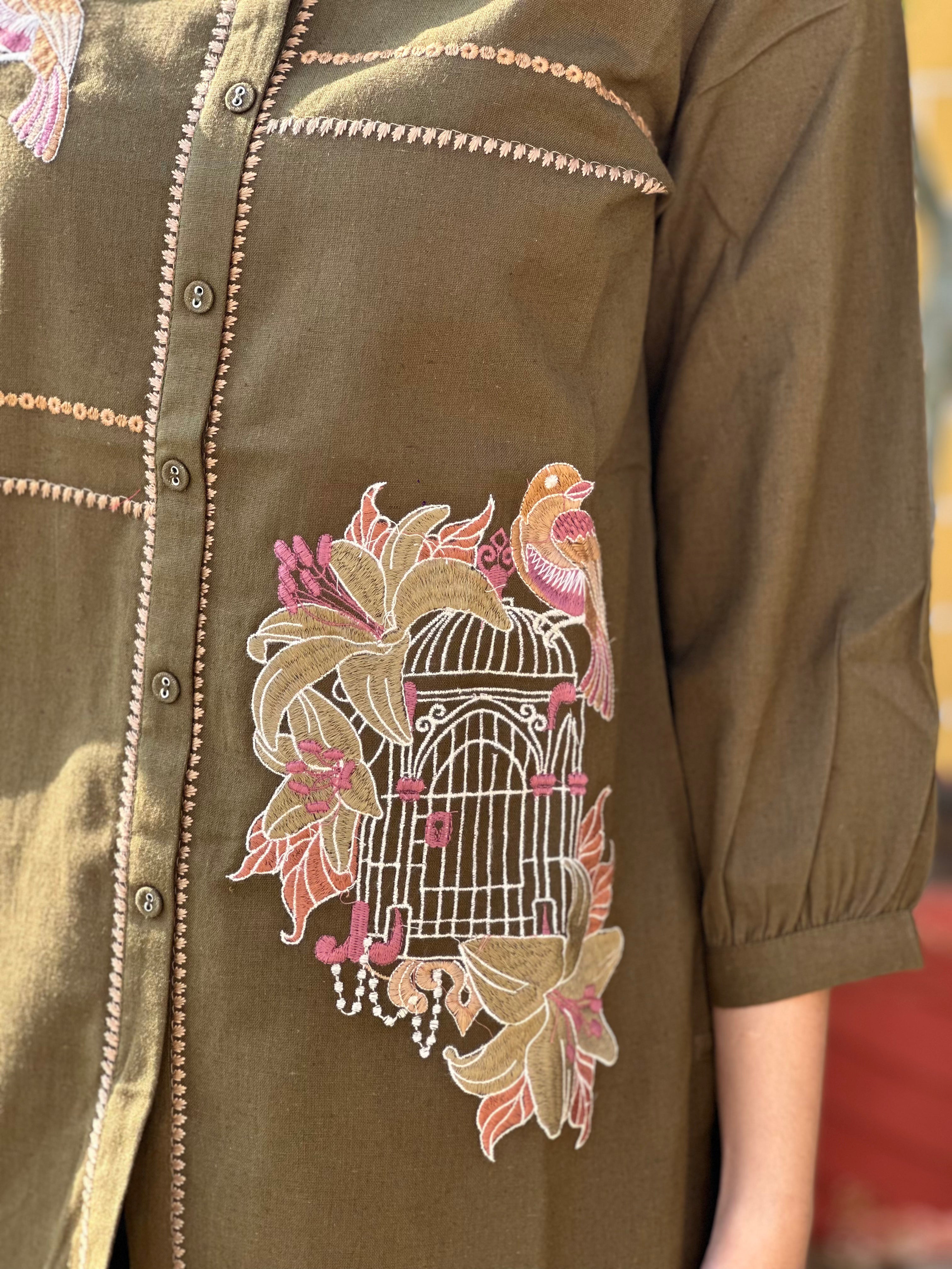 Olive Cotton Flex Kurti With Bird Embroidery