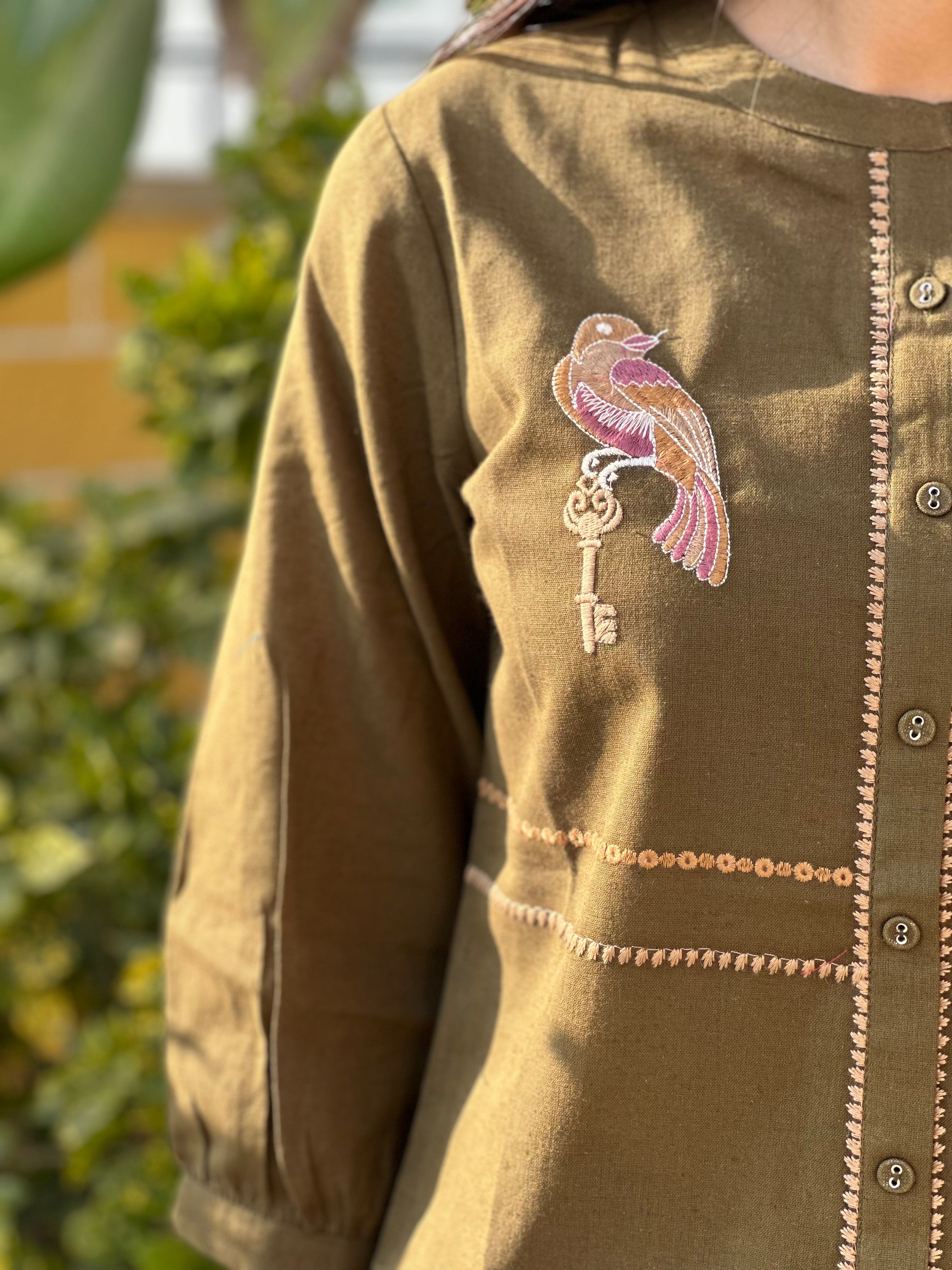 Olive Cotton Flex Kurti With Bird Embroidery