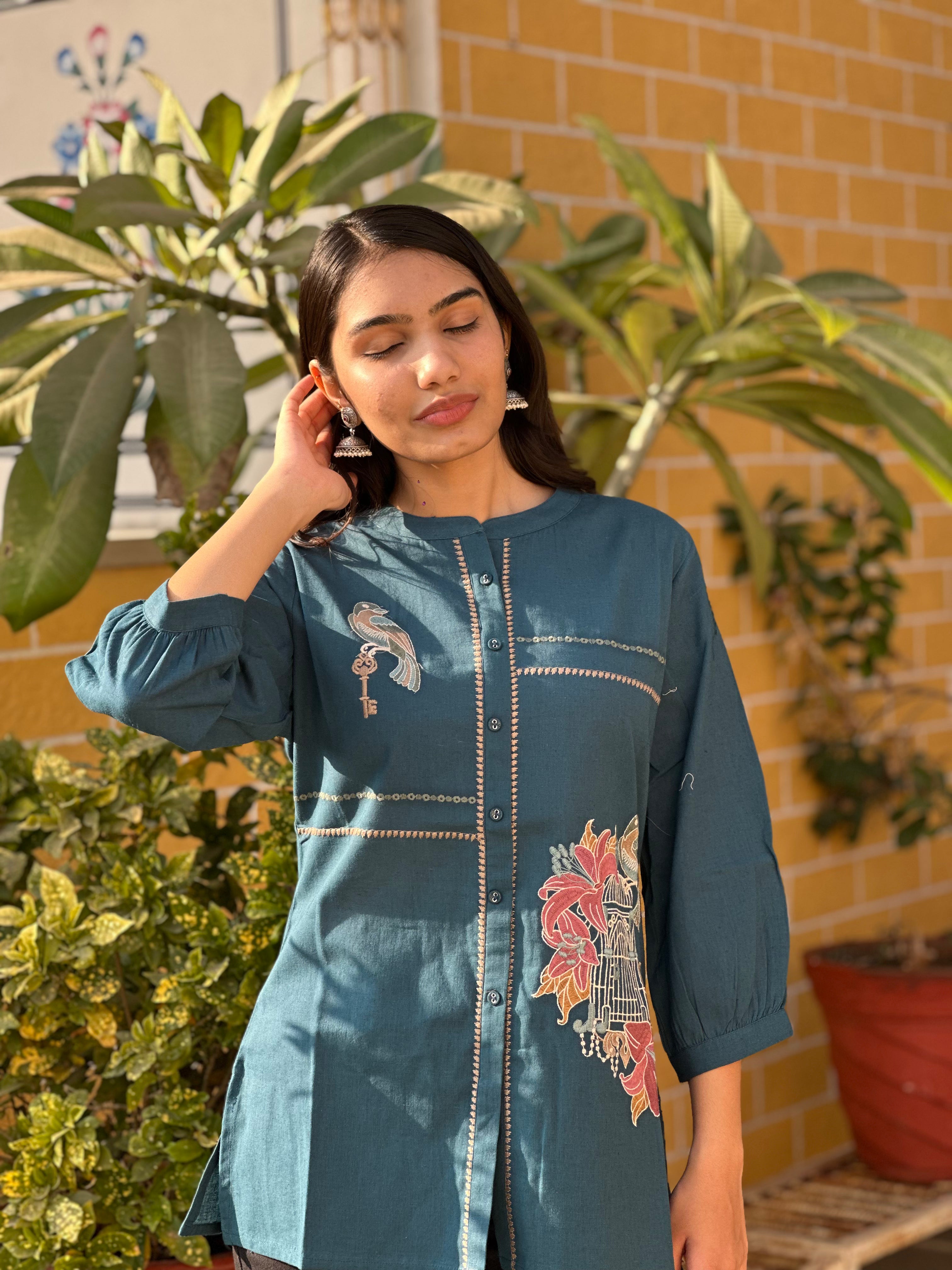 Teal Blue Cotton Flex Kurti With Bird Embroidery
