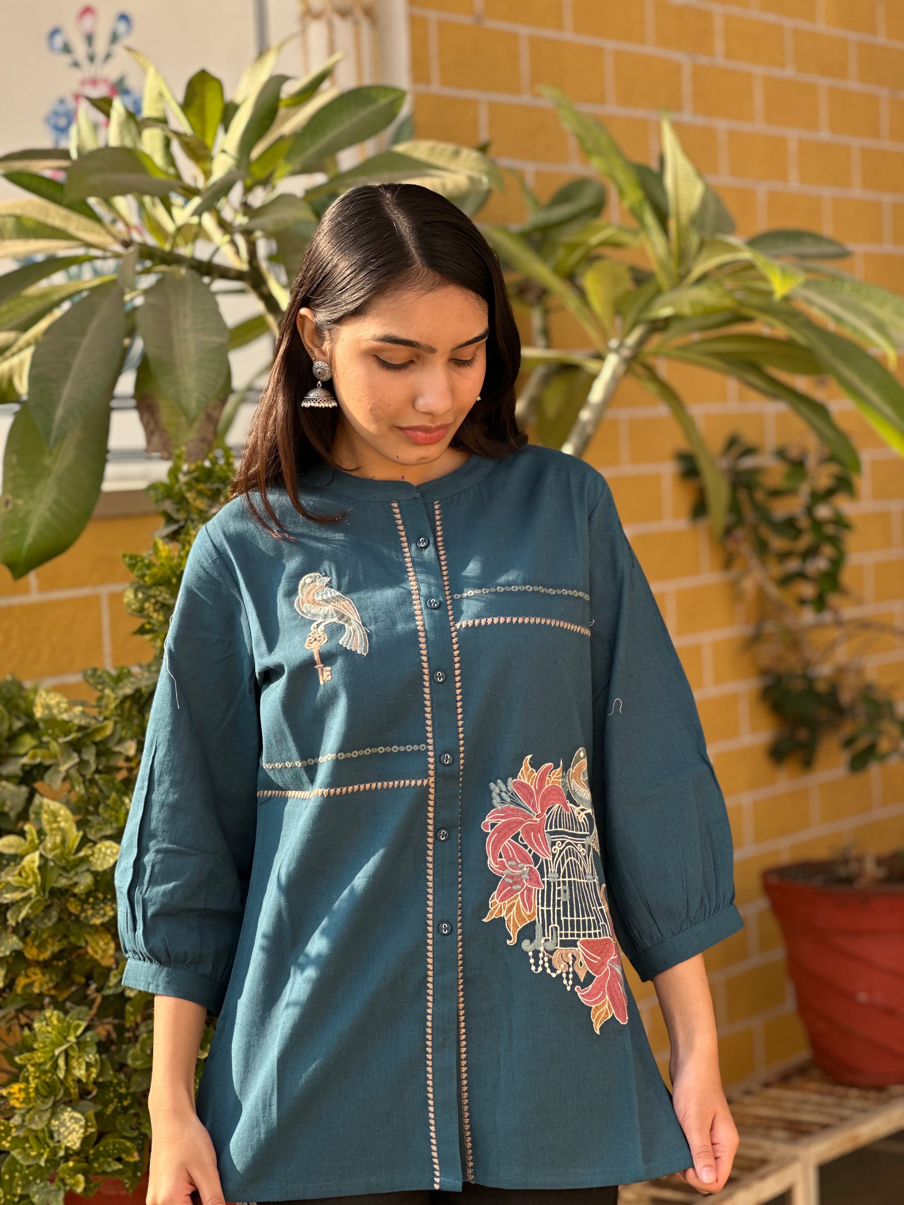 Teal Blue Cotton Flex Kurti With Bird Embroidery