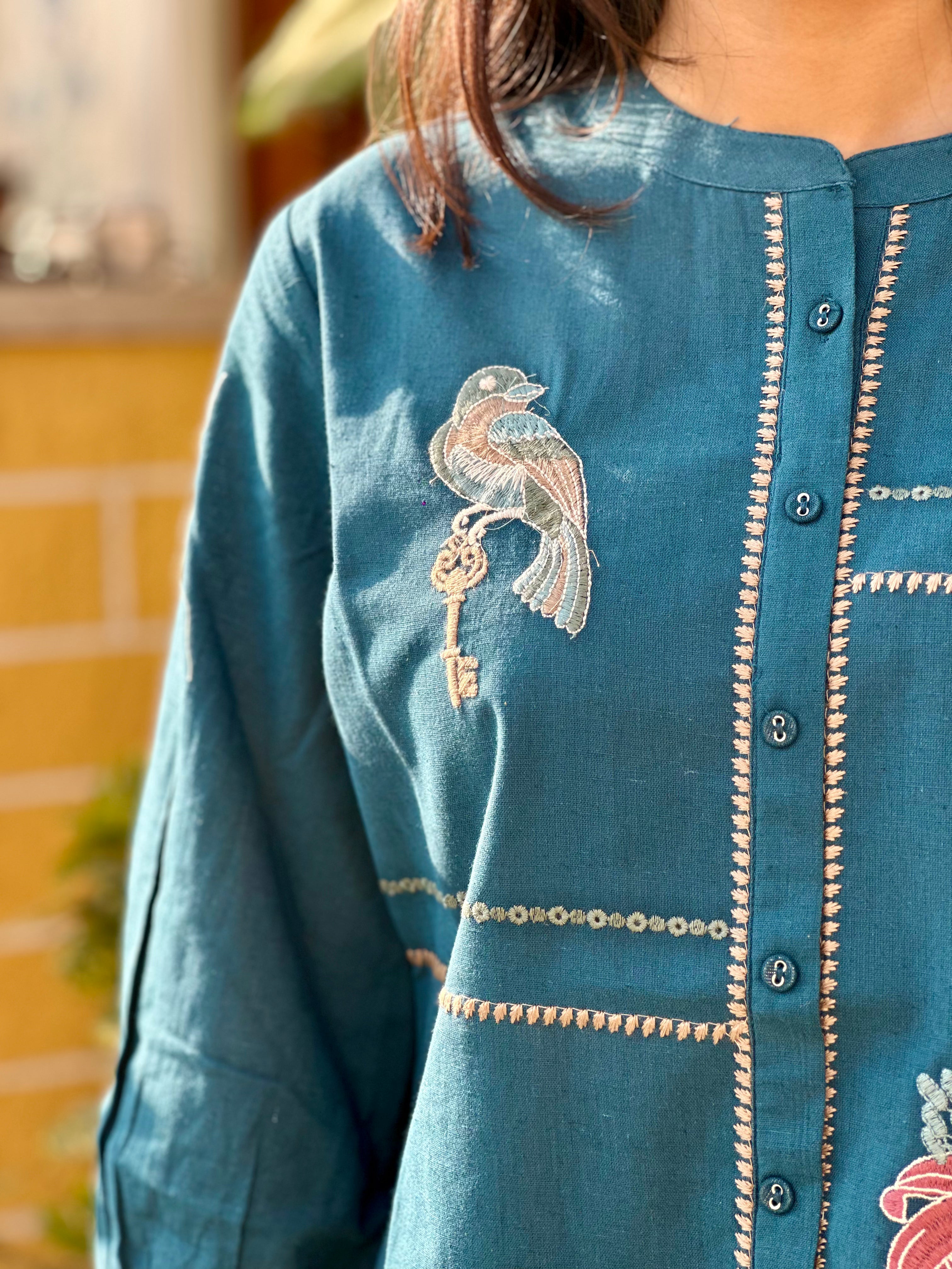 Teal Blue Cotton Flex Kurti With Bird Embroidery