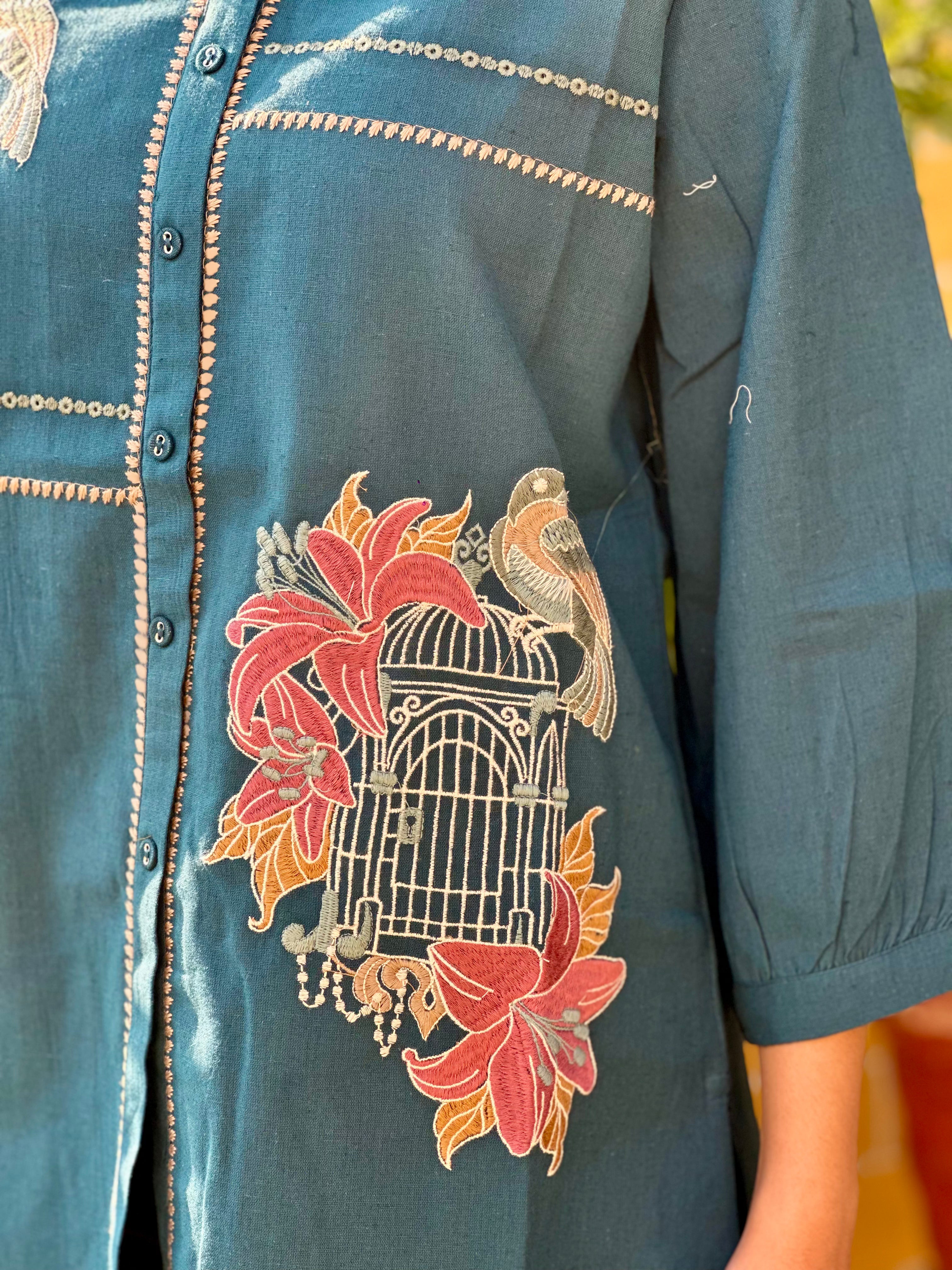 Teal Blue Cotton Flex Kurti With Bird Embroidery