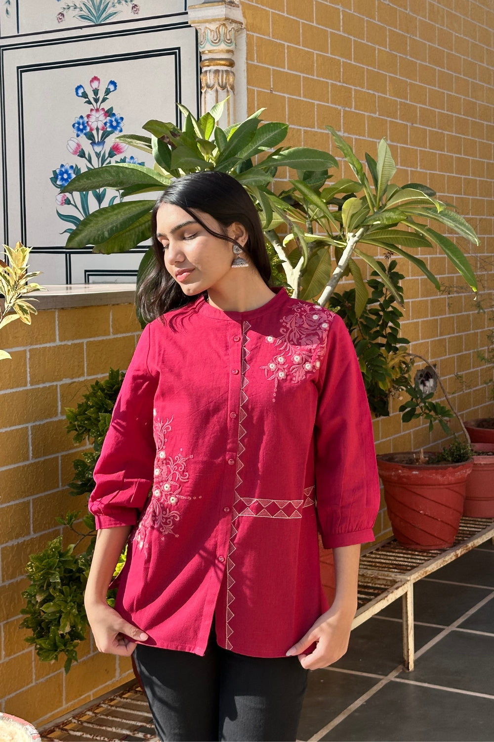 Rani Pink Cotton Flex Embroidered Women Short Kurti Top