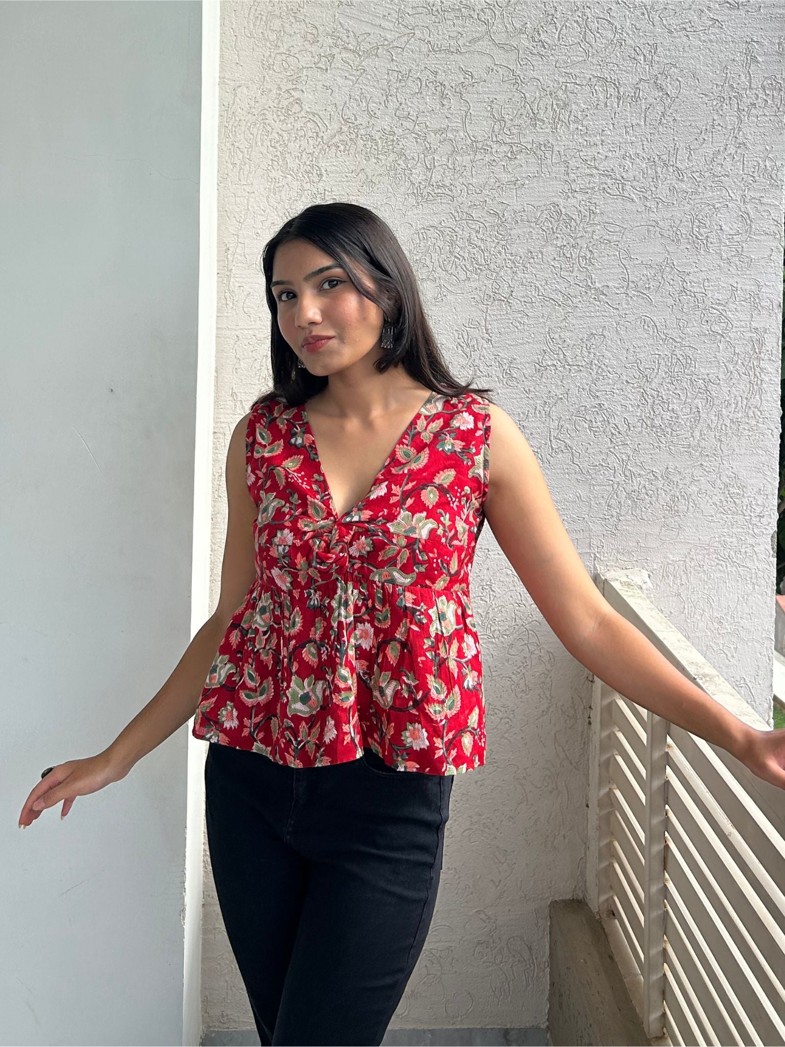 Short Red V-Neck Peplum Top with Flattering Fit