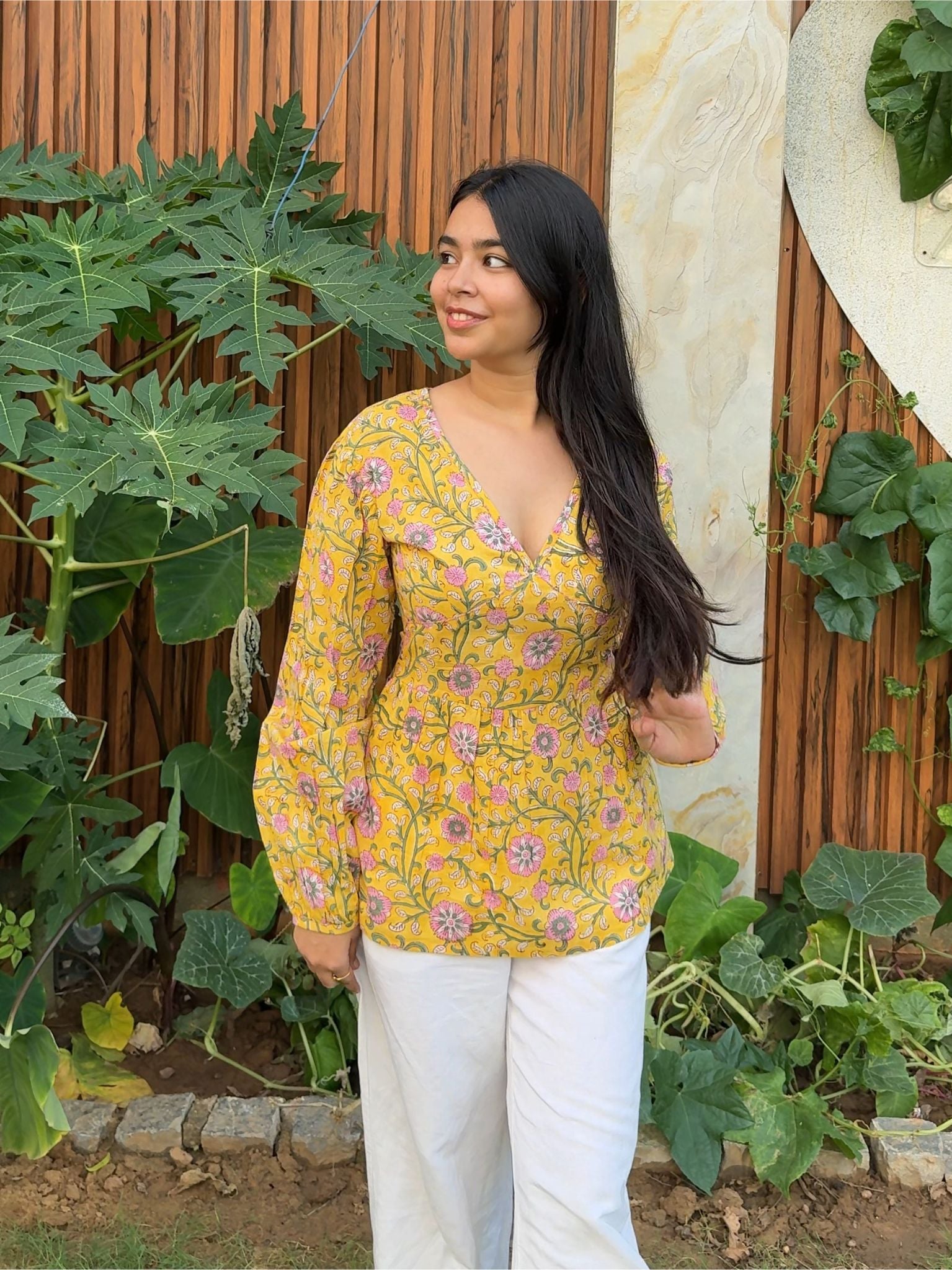 Yellow Full Sleeved V-Neck Kurti for Everyday Elegant Style
