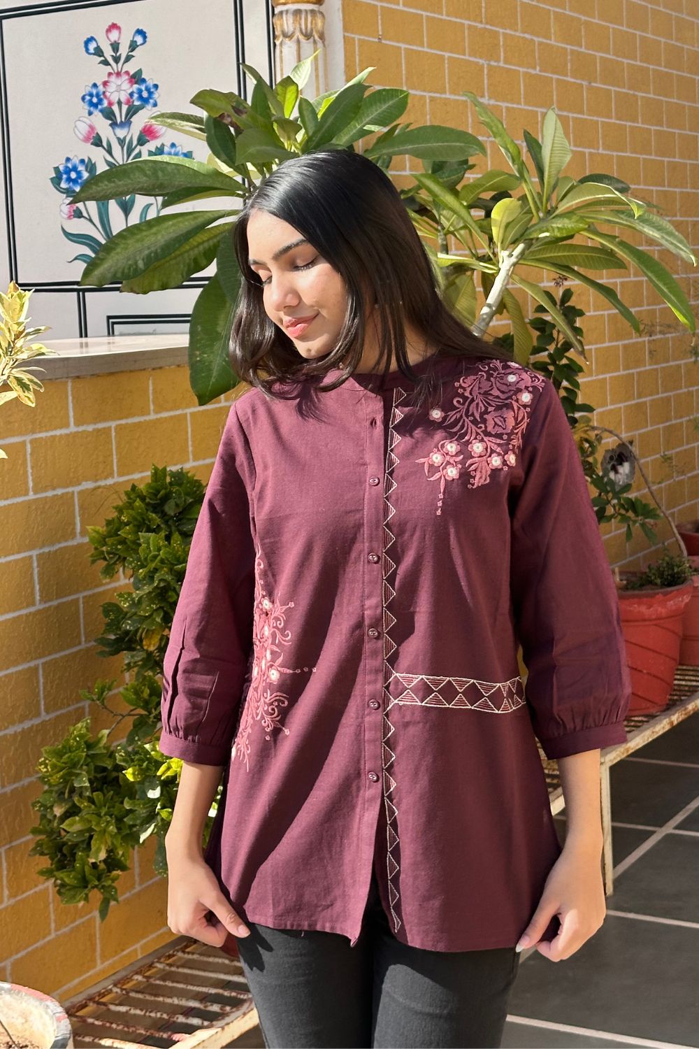 Wine Cotton Flex Embroidered Women Short Kurti Top