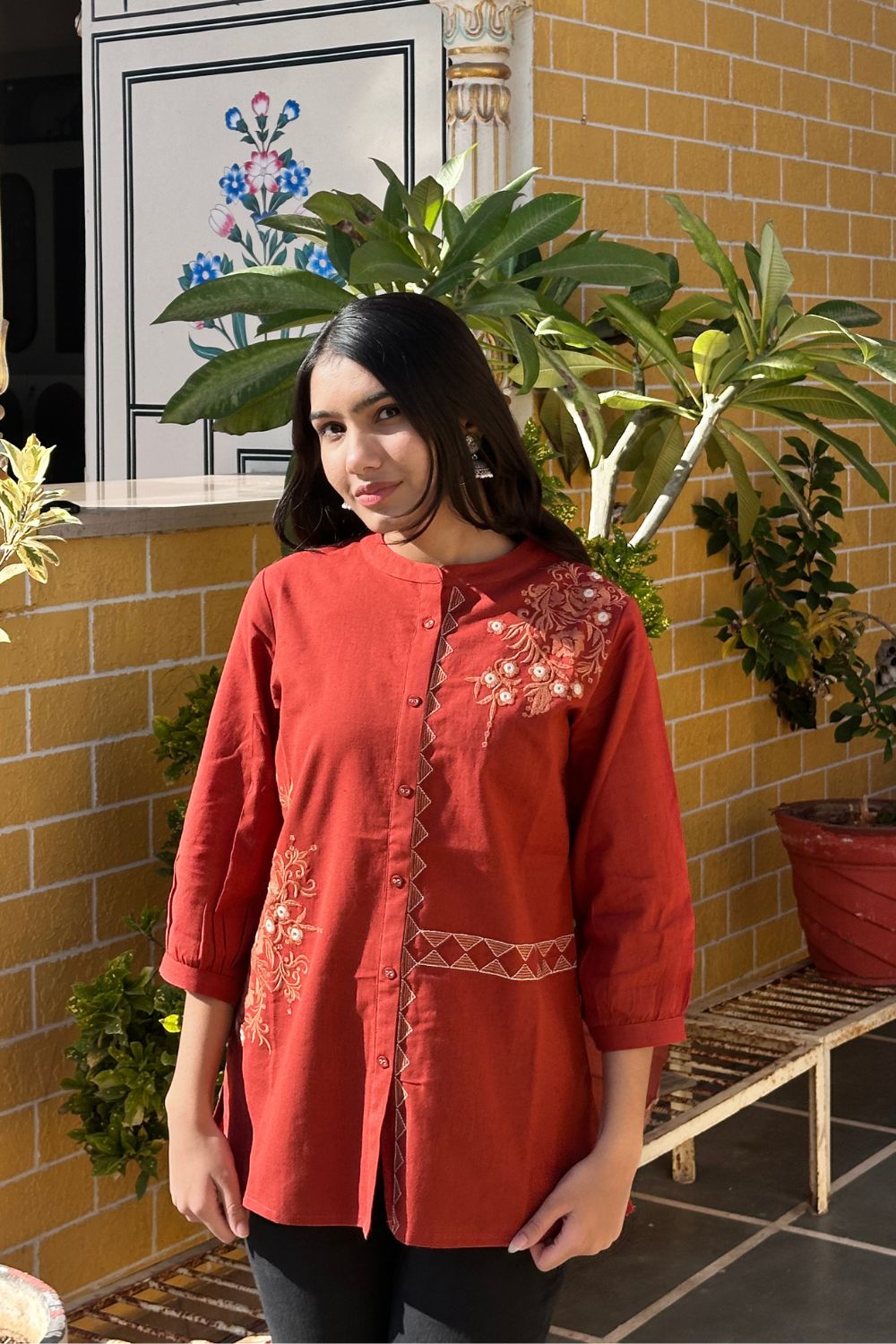 Rust Cotton Flex Embroidered Women Short Kurti Top