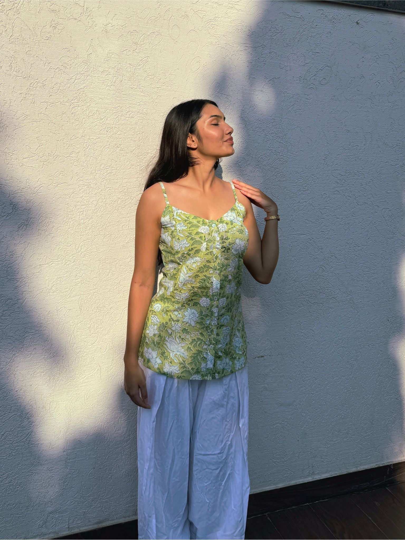 Green Block Print Kurti with Noodle Straps for Women