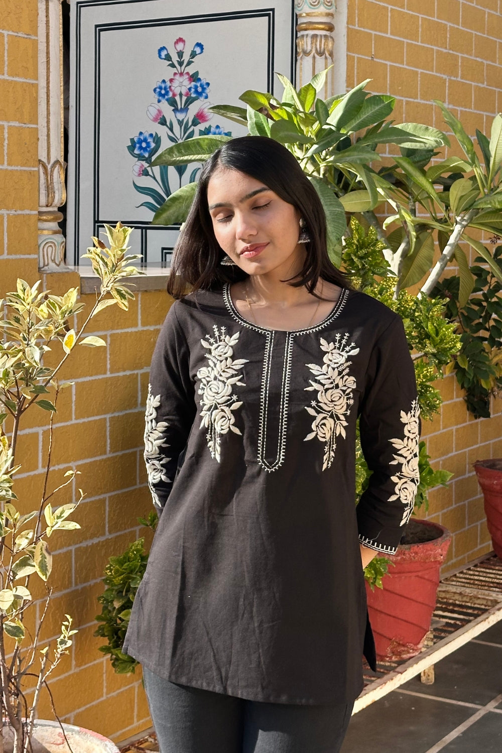 Black Cotton Flex Floral Embroidered Women Short Kurti Top