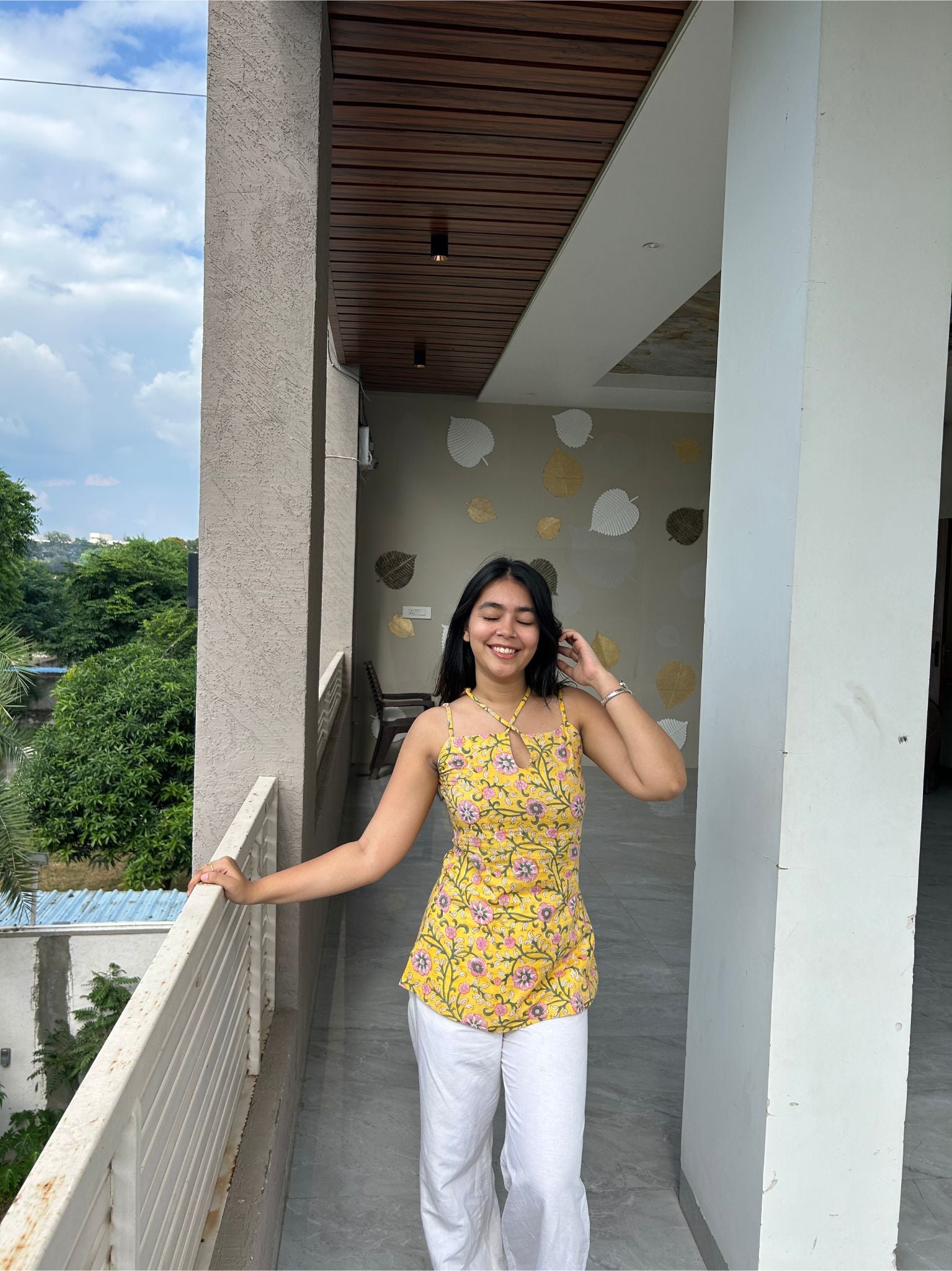 Yellow Drop Neck Kurti with Adjustable Straps for Women