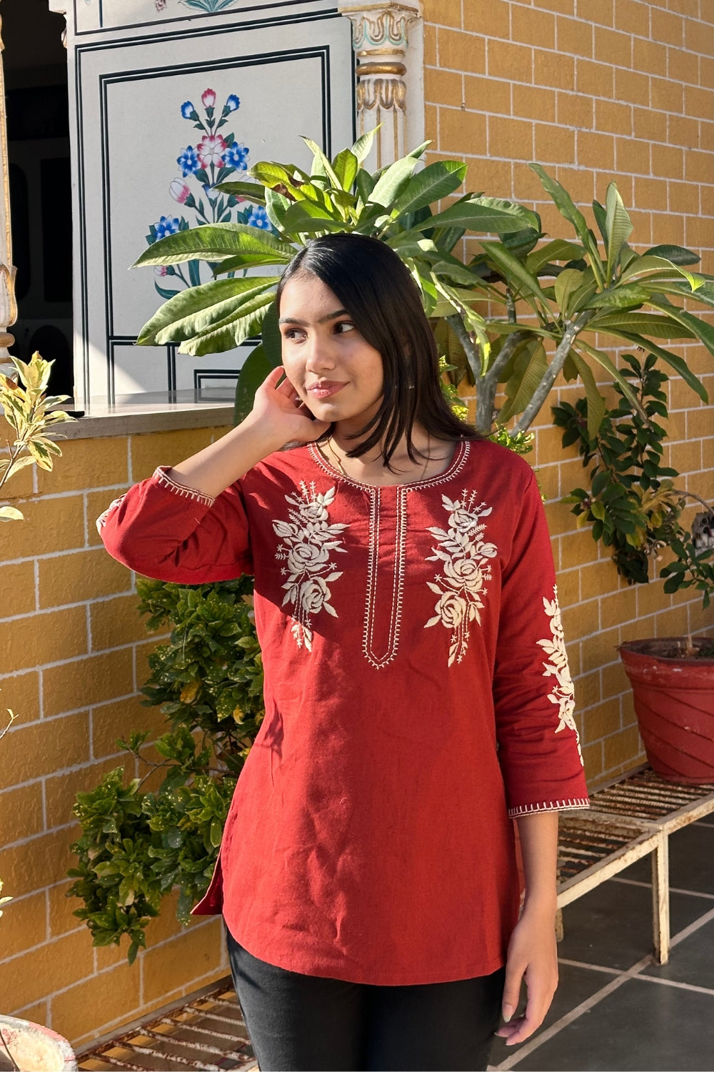 Rust Cotton Flex Floral Embroidered Women Short Kurti Top