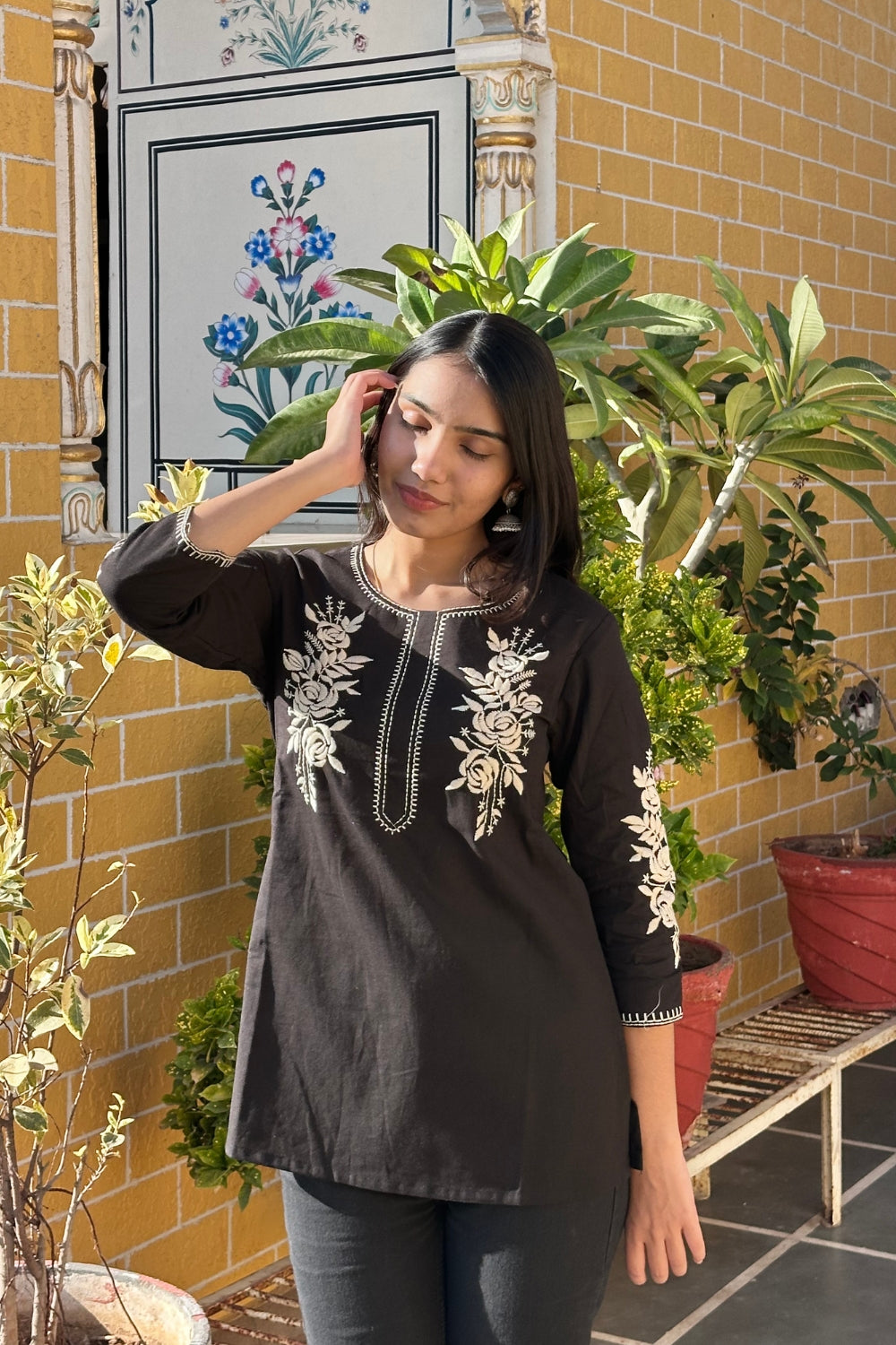 Black Cotton Flex Floral Embroidered Women Short Kurti Top