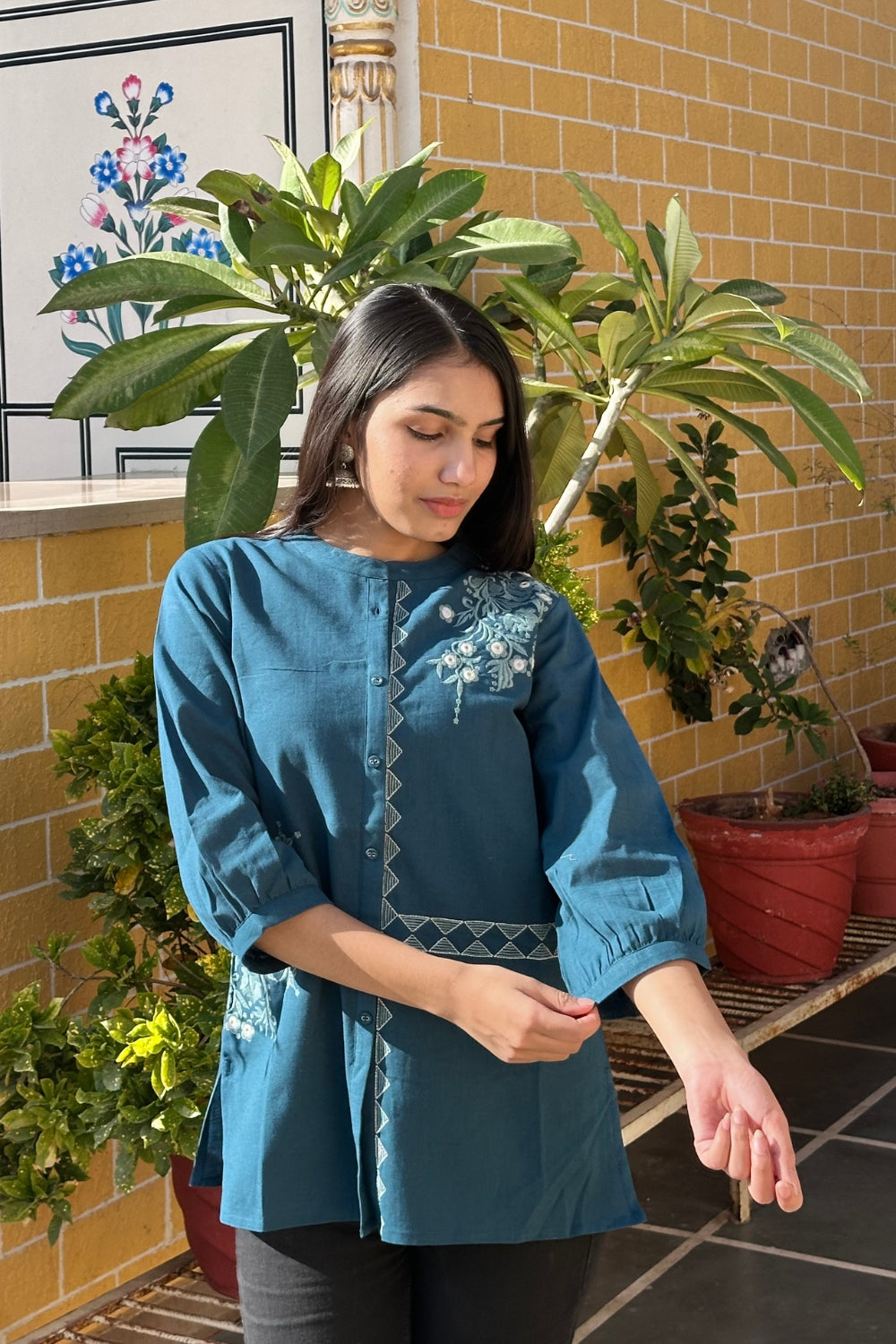 Teal Blue Cotton Flex Embroidered Women Short Kurti Top