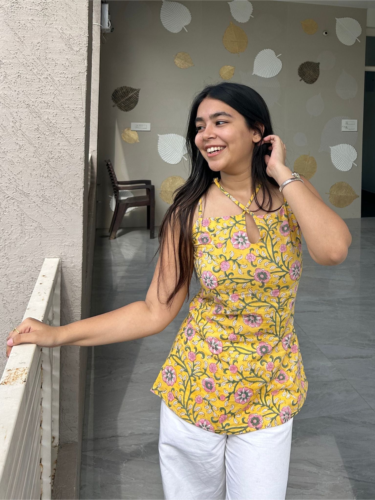 Yellow Drop Neck Kurti with Adjustable Straps for Women