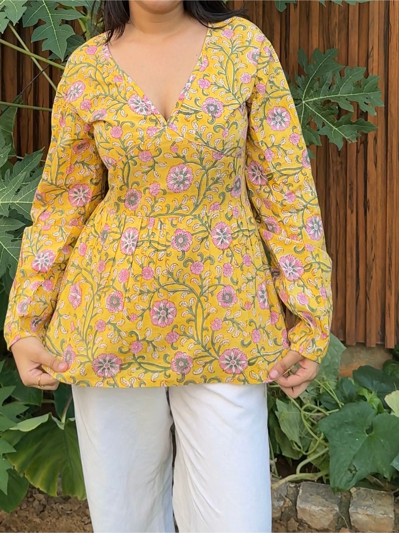 Yellow Full Sleeved V-Neck Kurti for Everyday Elegant Style