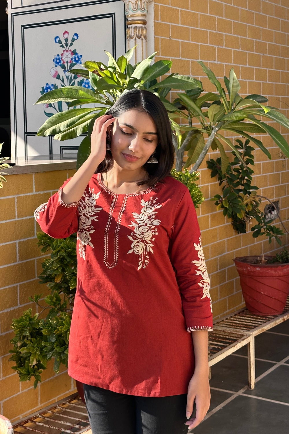 Rust Cotton Flex Floral Embroidered Women Short Kurti Top