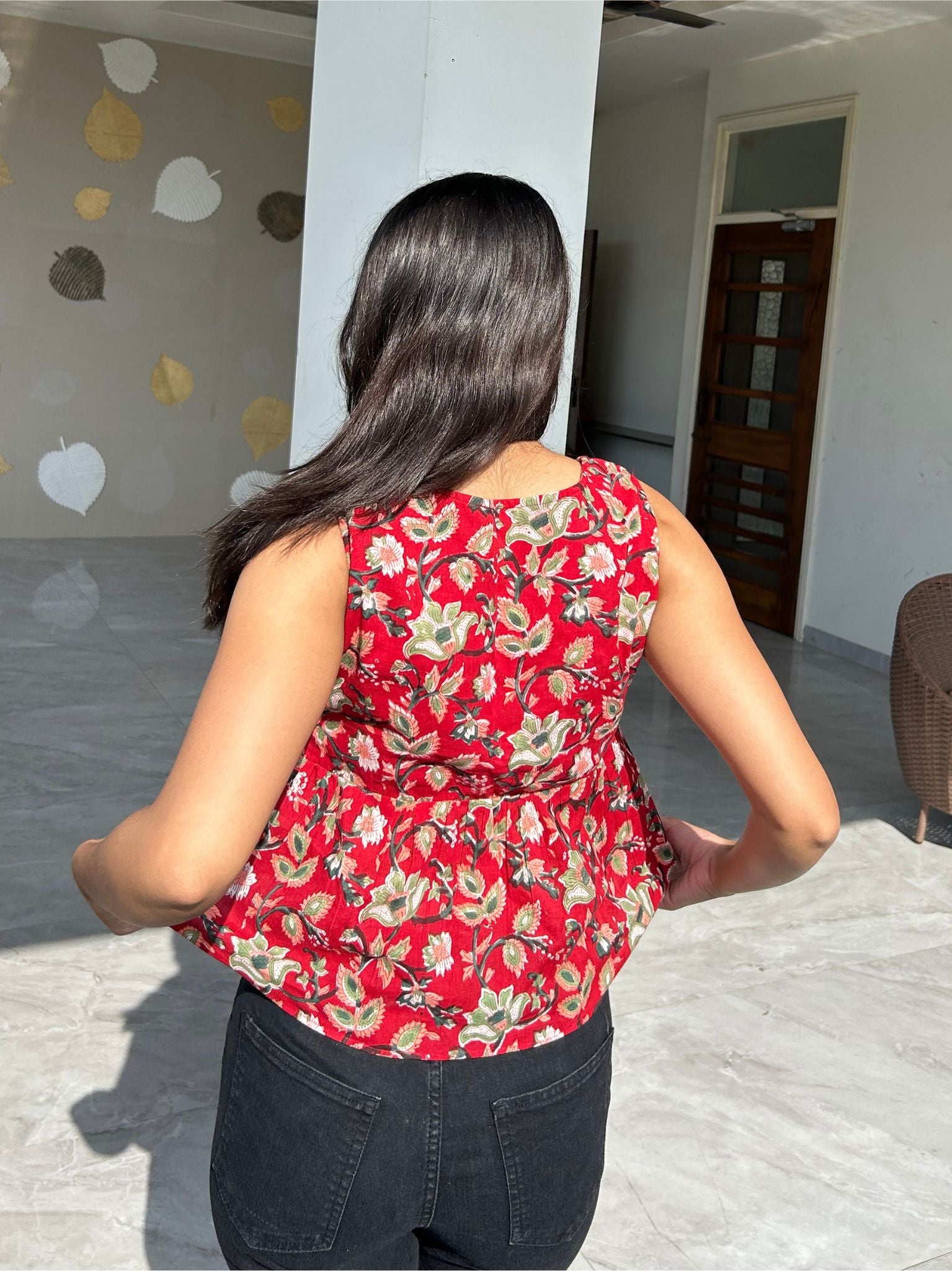 Short Red V-Neck Peplum Top with Flattering Fit