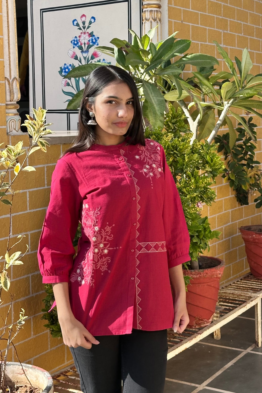 Rani Pink Cotton Flex Embroidered Women Short Kurti Top