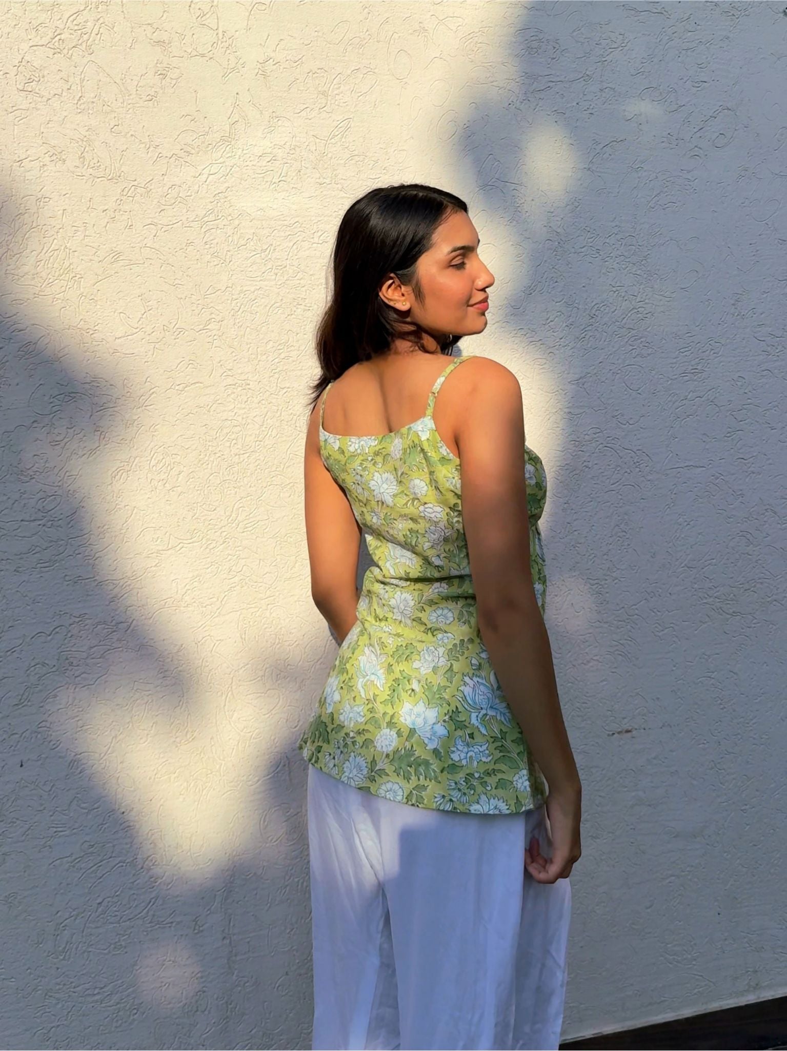 Green Block Print Kurti with Noodle Straps for Women