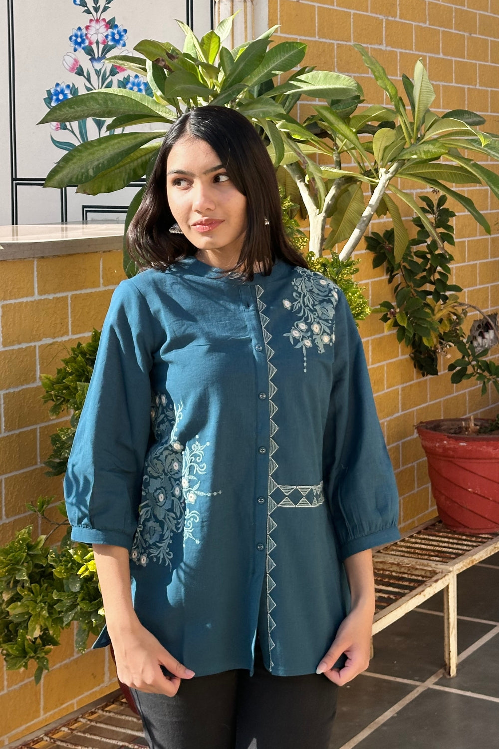 Teal Blue Cotton Flex Embroidered Women Short Kurti Top
