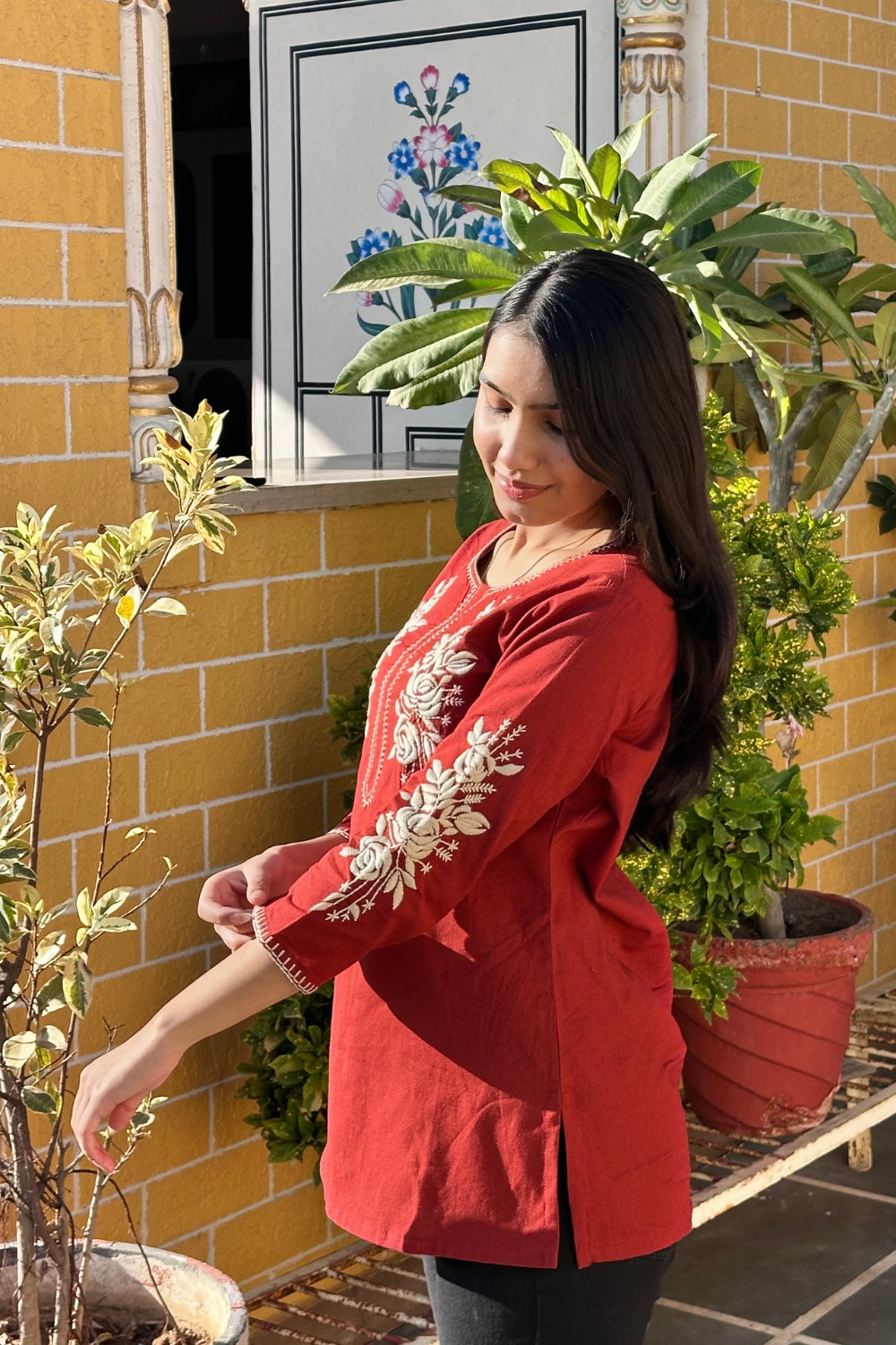 Rust Cotton Flex Floral Embroidered Women Short Kurti Top