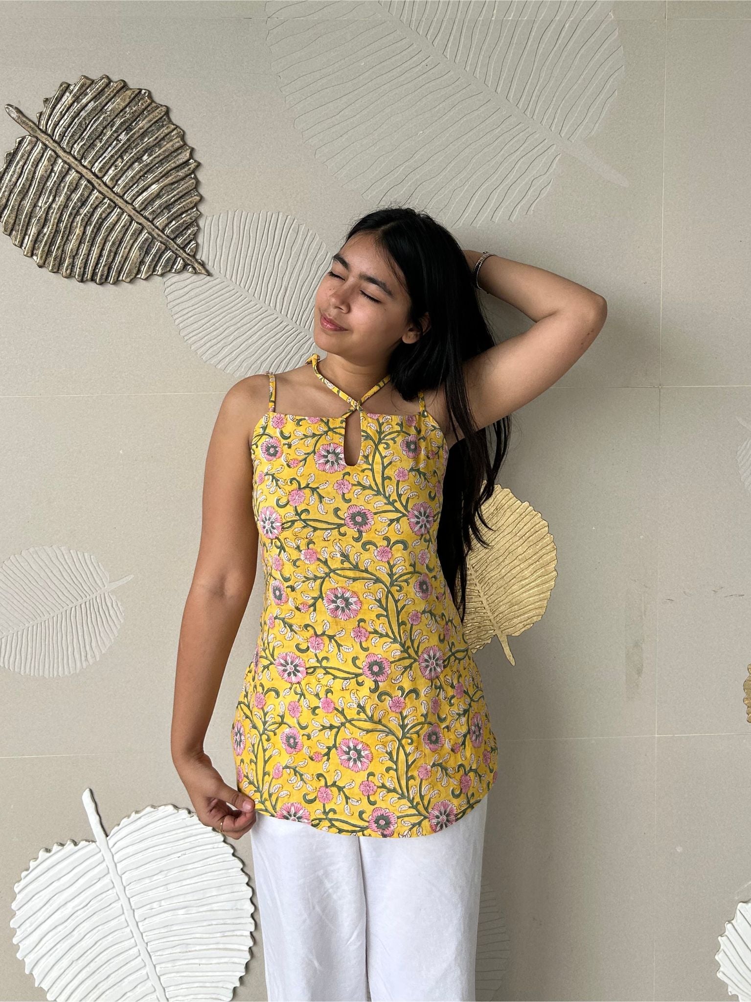 Yellow Drop Neck Kurti with Adjustable Straps for Women