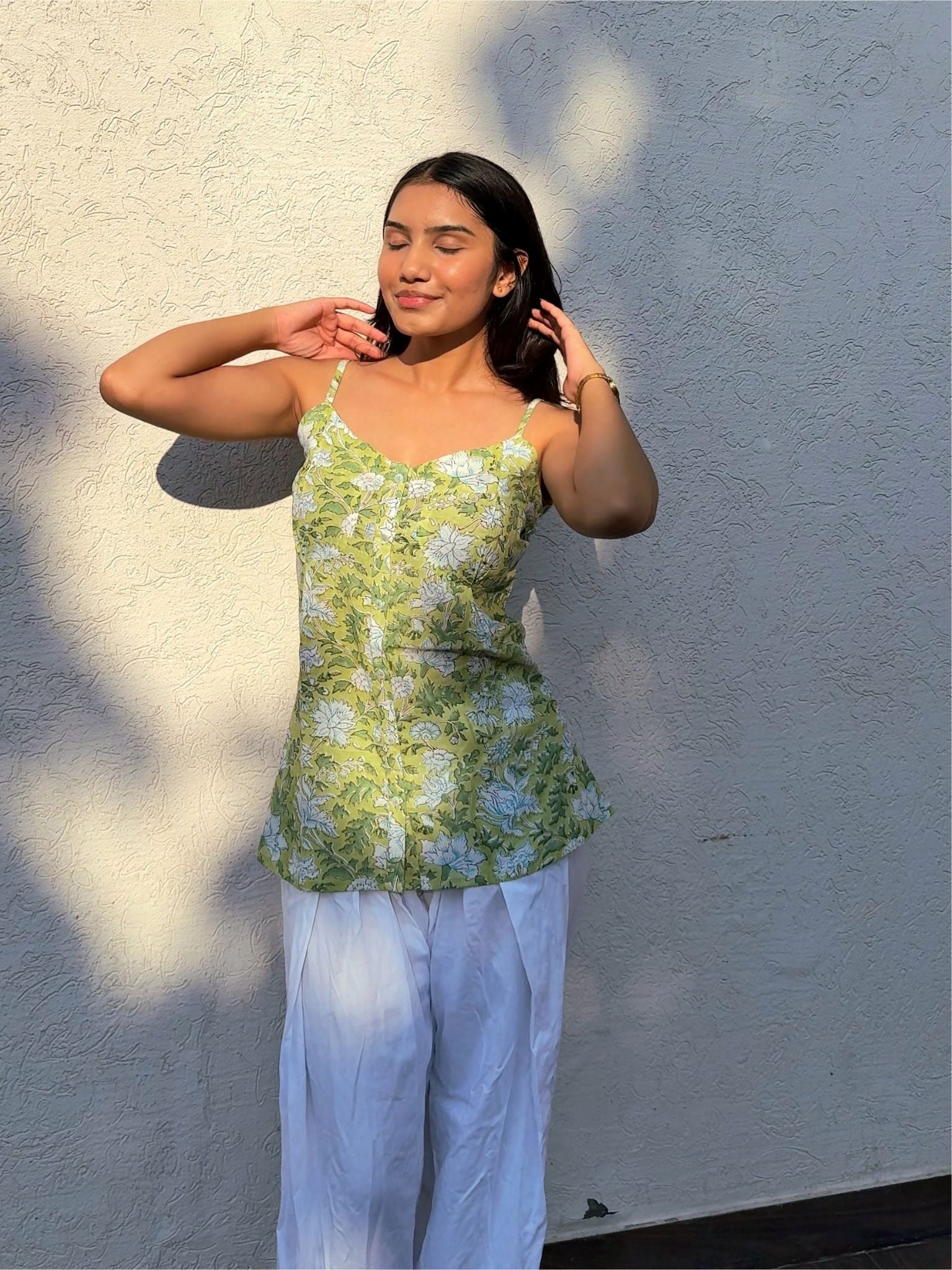 Green Block Print Kurti with Noodle Straps for Women