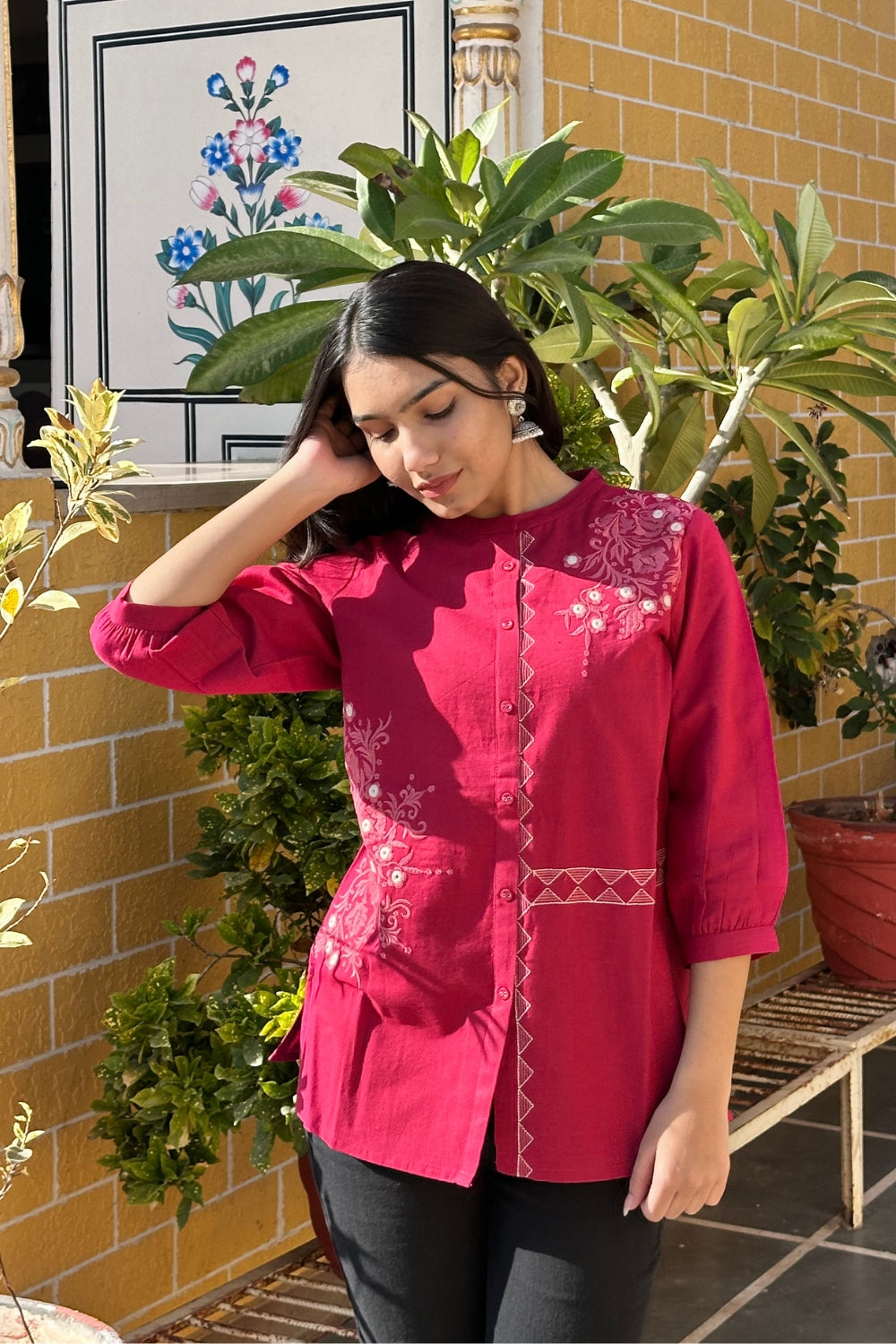Rani Pink Cotton Flex Embroidered Women Short Kurti Top