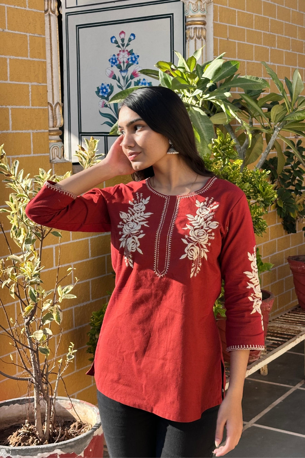 Rust Cotton Flex Floral Embroidered Women Short Kurti Top