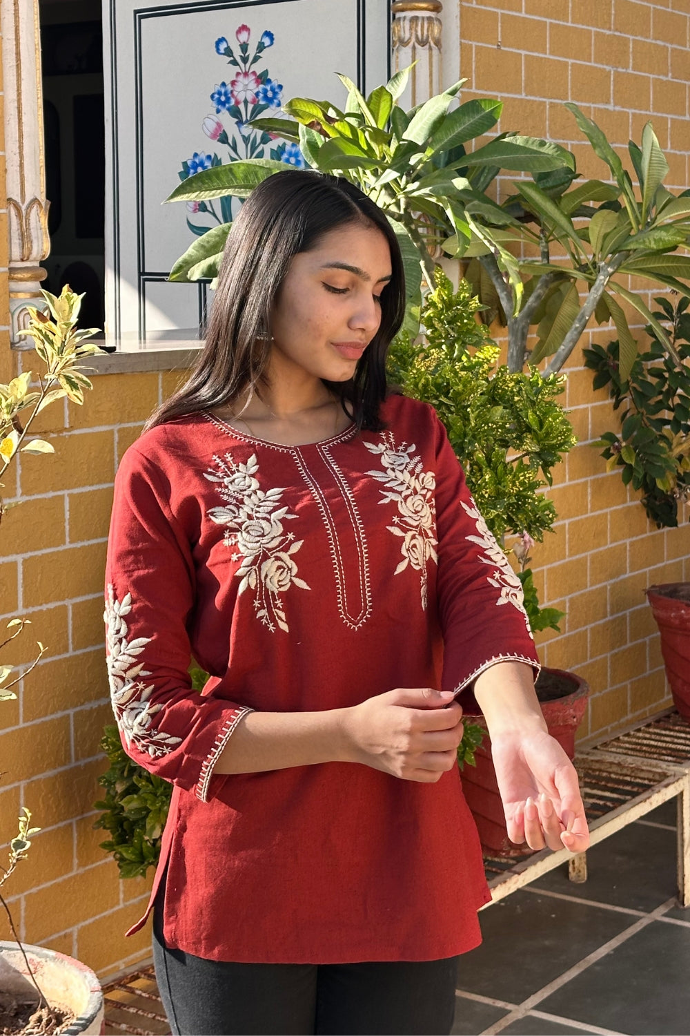 Rust Cotton Flex Floral Embroidered Women Short Kurti Top