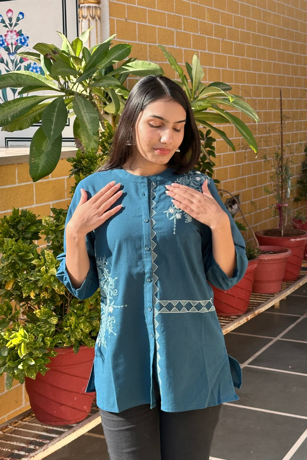 Teal Blue Cotton Flex Embroidered Women Short Kurti Top