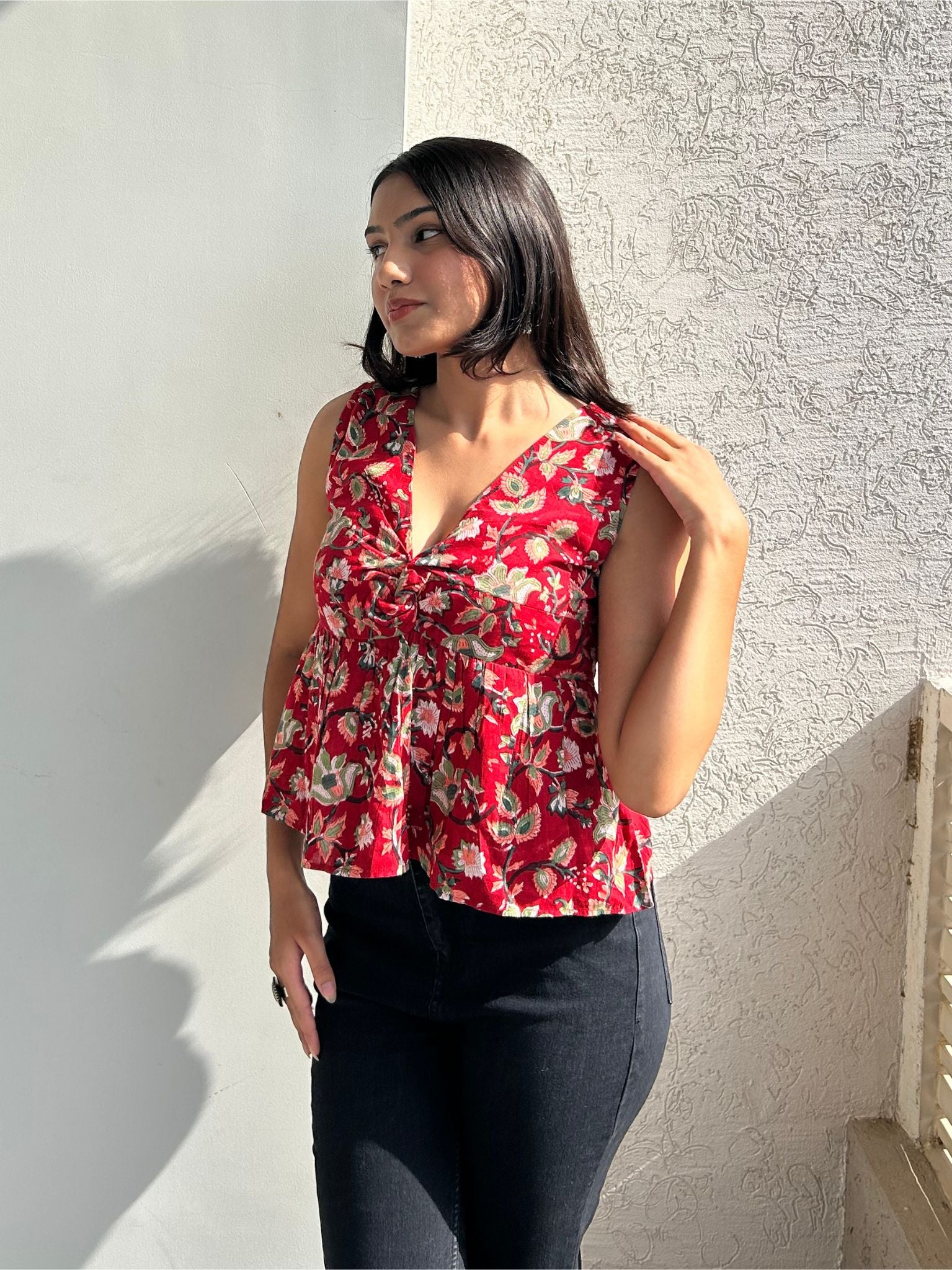 Short Red V-Neck Peplum Top with Flattering Fit