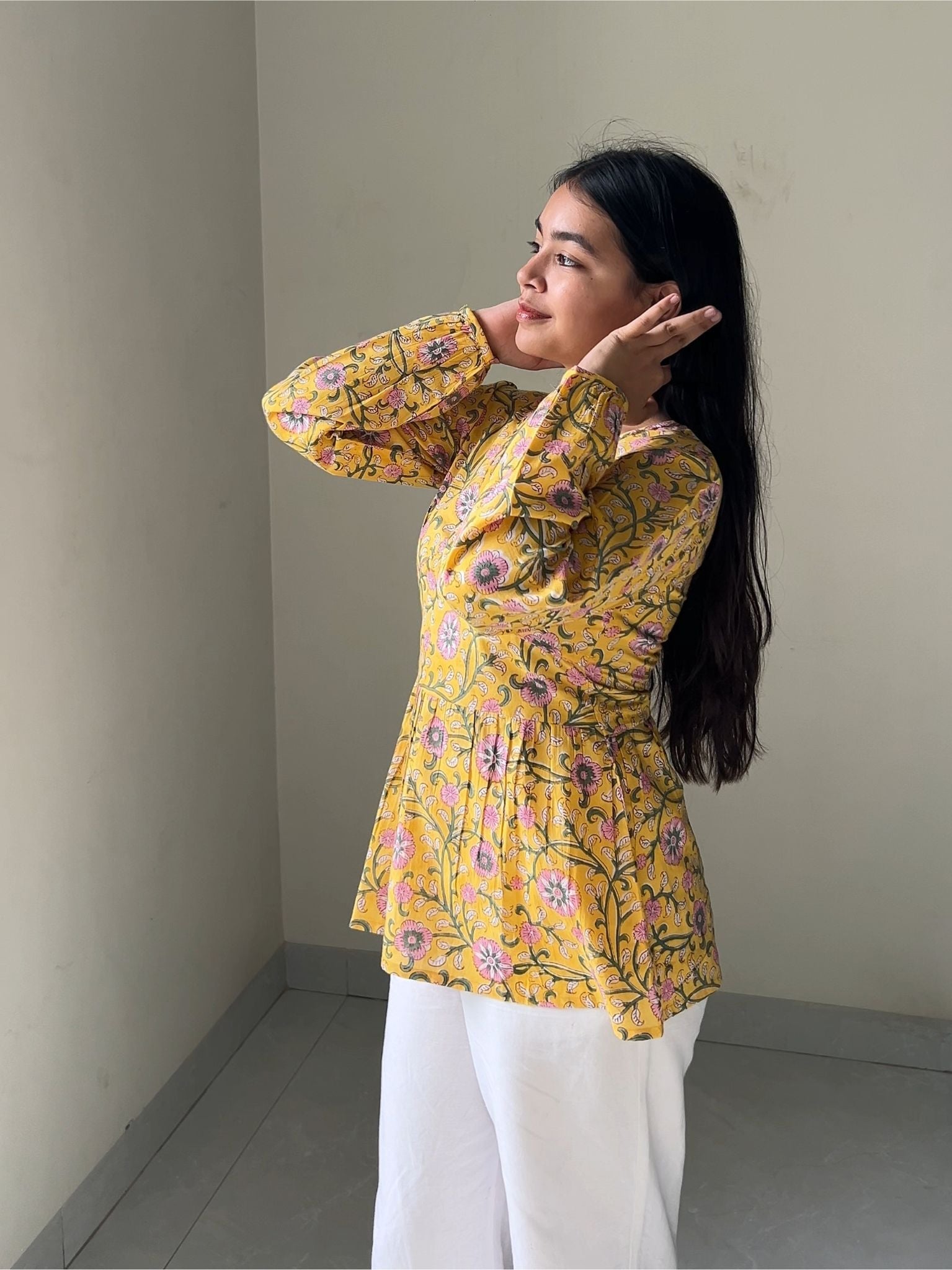 Yellow Full Sleeved V-Neck Kurti for Everyday Elegant Style